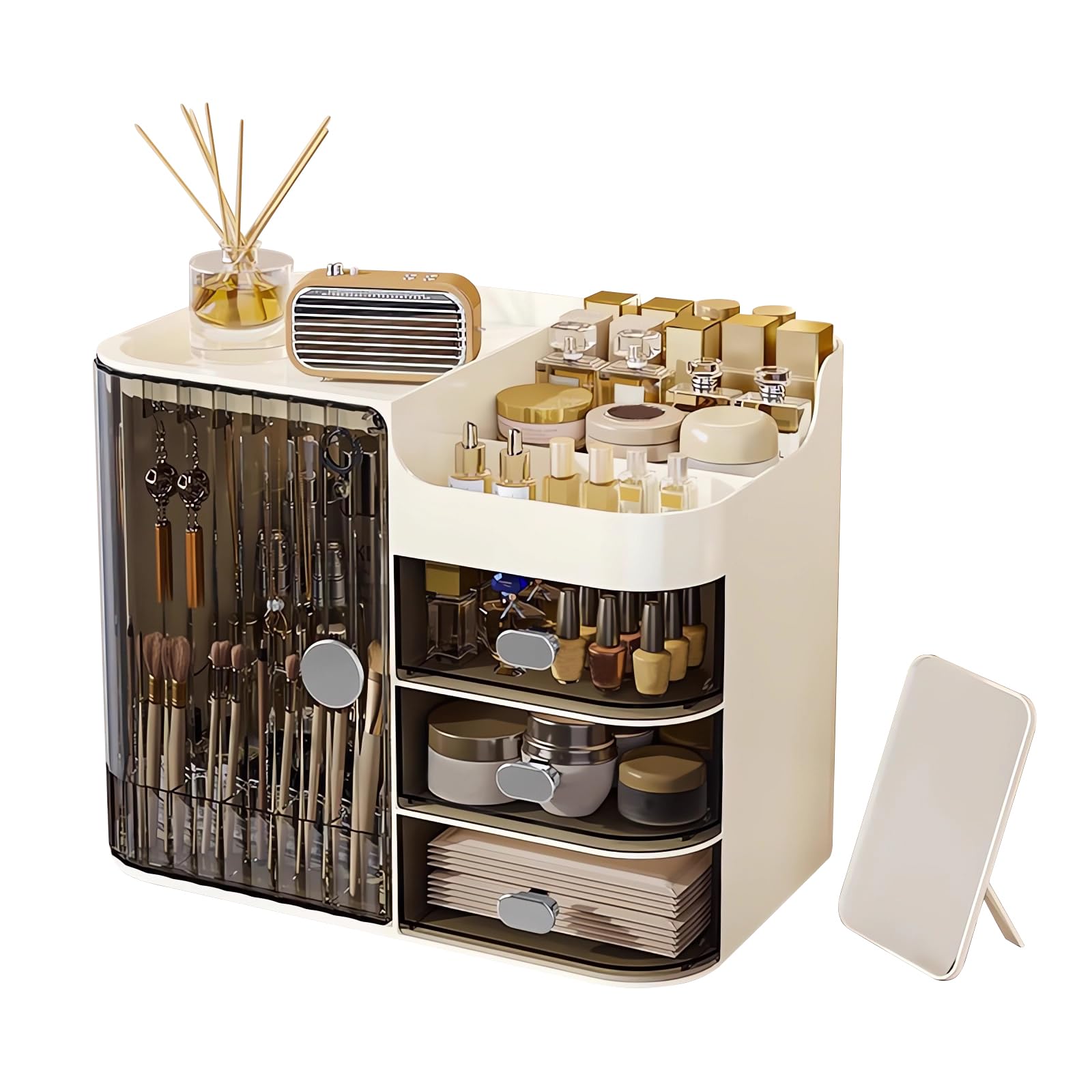 DASITON Make up Kosmetik Organizer mit 3 Schubladen,Großer Kosmetik Aufbewahrung Pinsel Organizer mit Spiegel,Makeup Organizer Schmink Aufbewahrung für Schminktisch,Badezimmer(Schwarz-Creme)