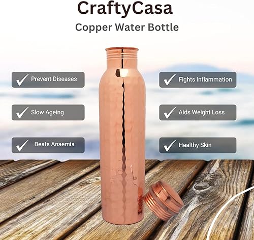 Miniatura 4 de Botella de agua de cobre de 33.8 fl oz34 onzas  Botella de cobre martillado con tapa  Botella de cobre ayurvédica para buenos beneficios para la