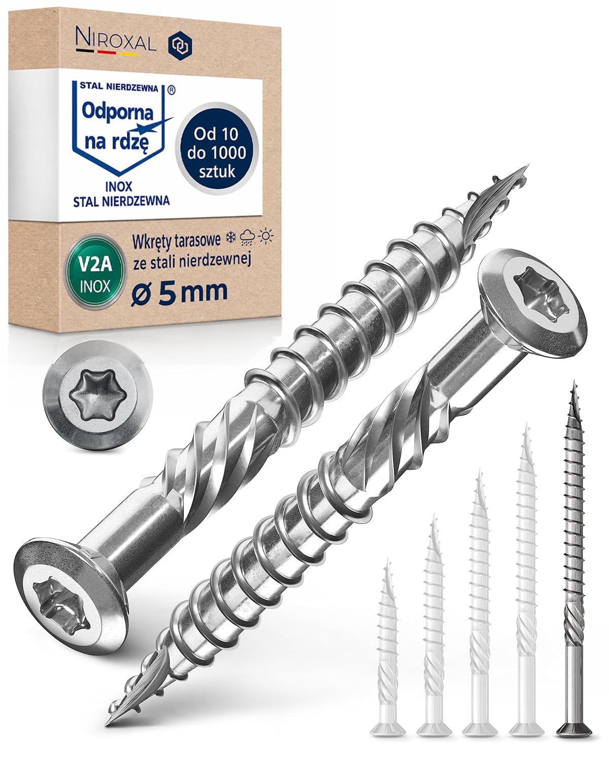 Wkręty tarasowe ze stali nierdzewnej A2 (V2A) TX25 5x80 mm – 800 szt. – Wkręty do desek tarasowych z częściowym gwintem