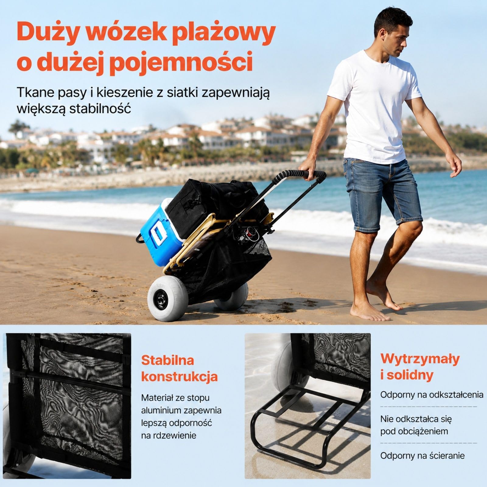 Składany stalowy wózek plażowy z dużymi kołami do piasku, siatkową torbą i akcesoriami do transportu na plaży