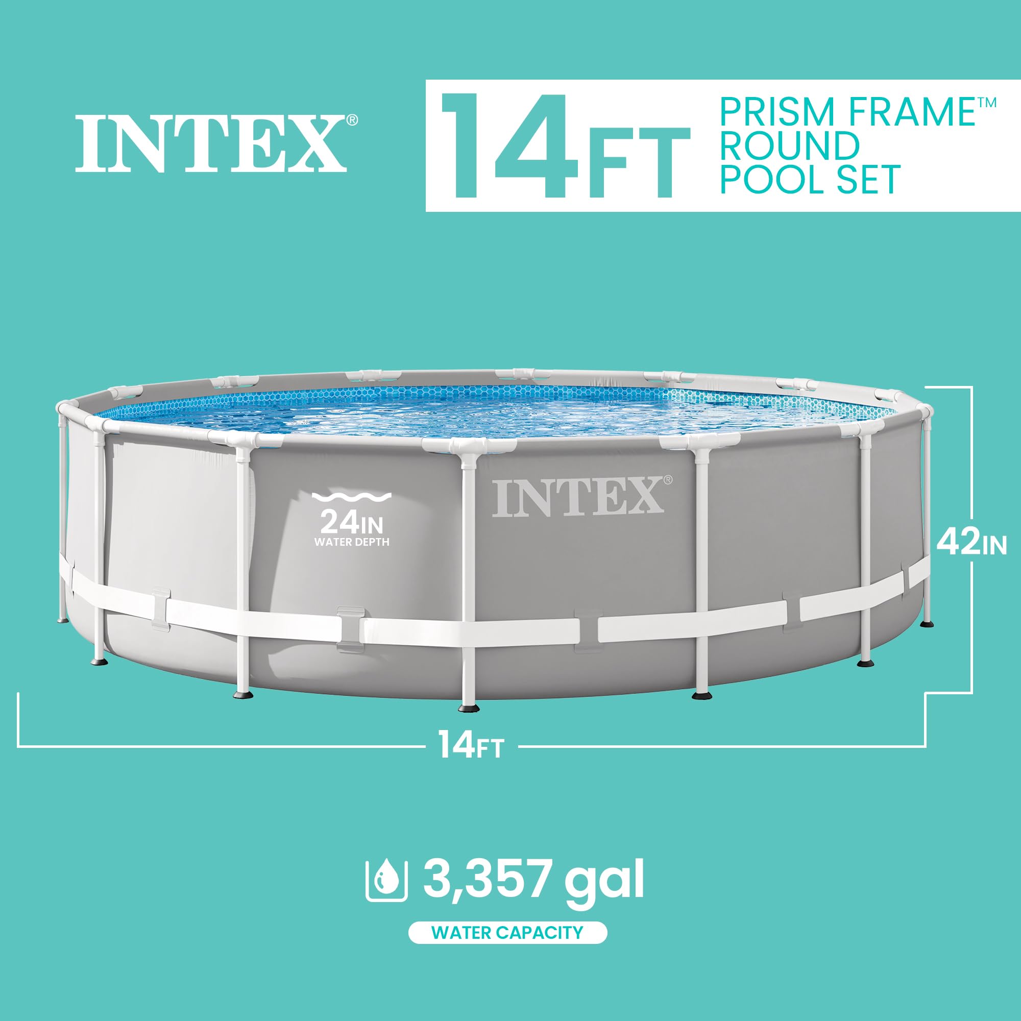 Intex 26719EH Prism Frame Premium Above Ground Swimming Pool Set: 14ft x 42in – Includes 1000 GPH Cartridge Filter Pump – SuperTough Puncture Resistant – Rust Resistant – 3357 Gallon Capacity - 3