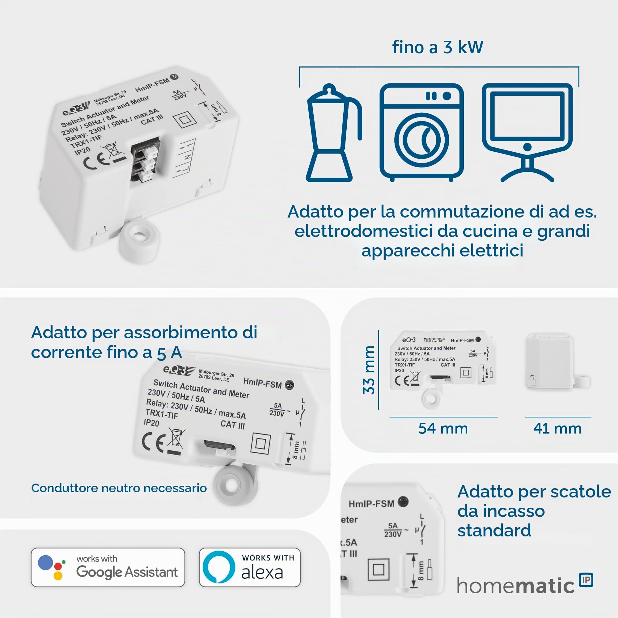 Homematic IP Smart Home Schalt-Mess-Aktor (16 A) – Unterputz, Aktor misst Strom, steuert Geräte und Leuchten per App, Alexa & Google Assistant, Energie sparen, 150239A0