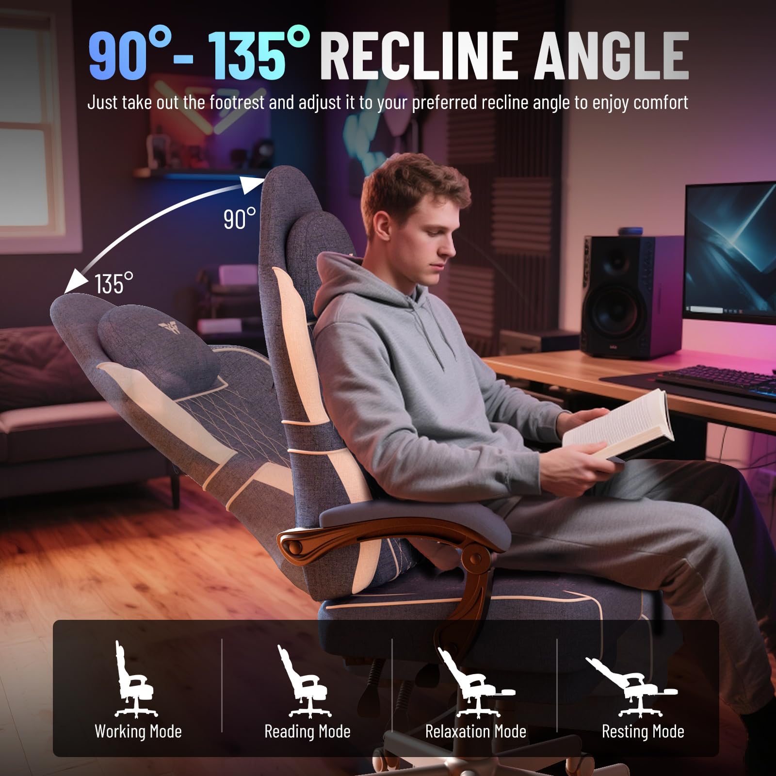 Ferghana Silla Gaming Ergonómica con Masajeador,Silla Gamer con Fabric Transpirable,Soporte Lumbar de Masaje,Reposacabezas,Reposapiés,Silla de Oficina,Silla Ergonómica de PC (Azul,Tejido)