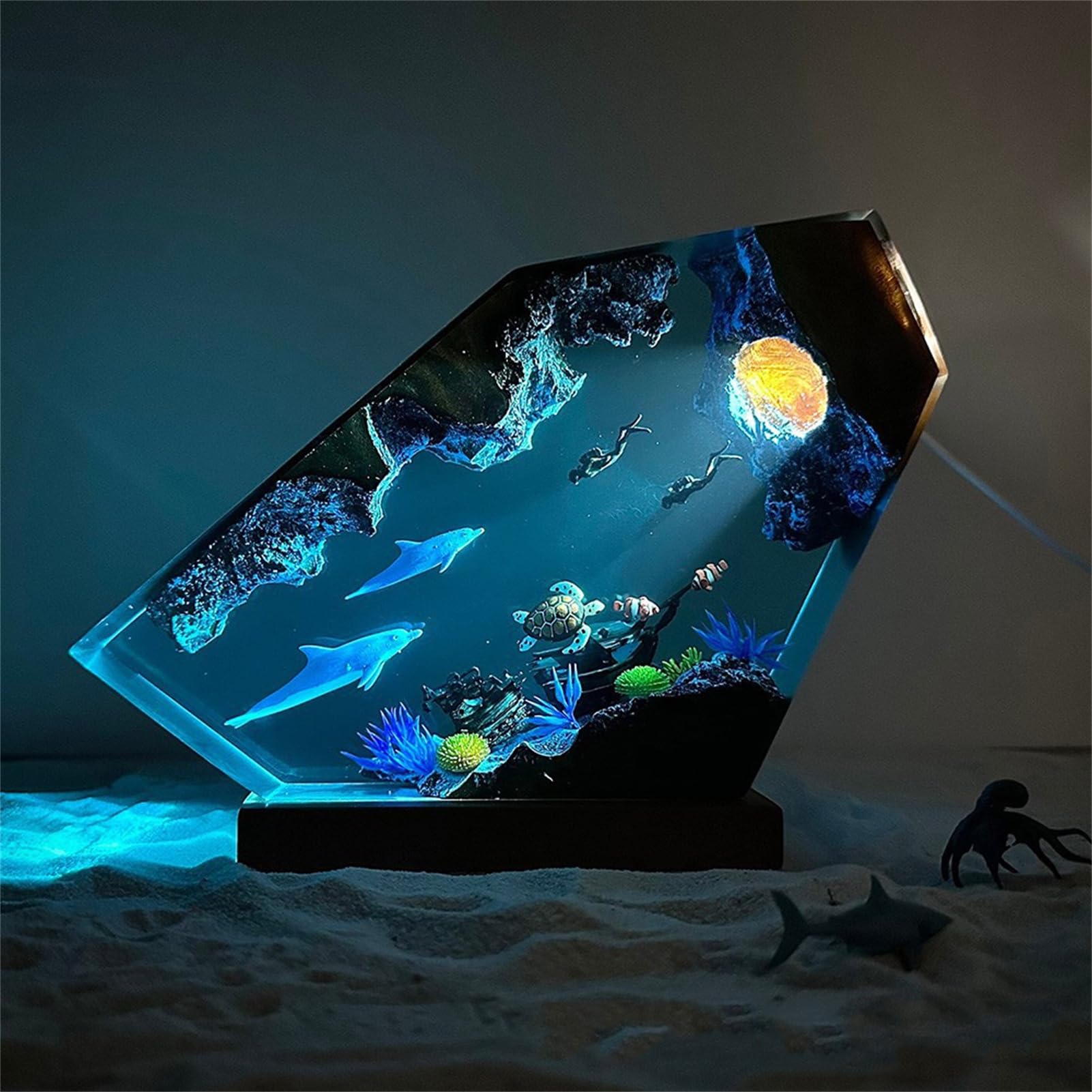 Veilleuse LED Océan, Résine Recyclée Faite À La Main Océan Dauphin Plongeur Lampe pour Bureau Bureau Salle De Bain Décor,8 * 5in