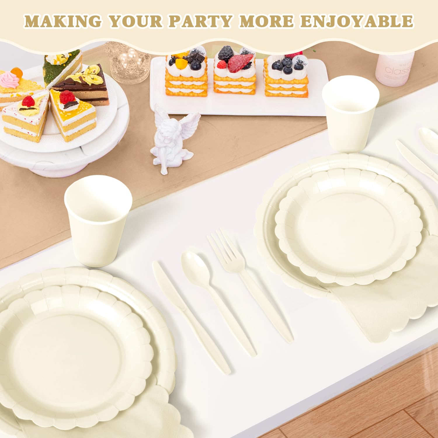 Vyntra Ivory Cream Paper Plates & Napkins - Party Supplies -6