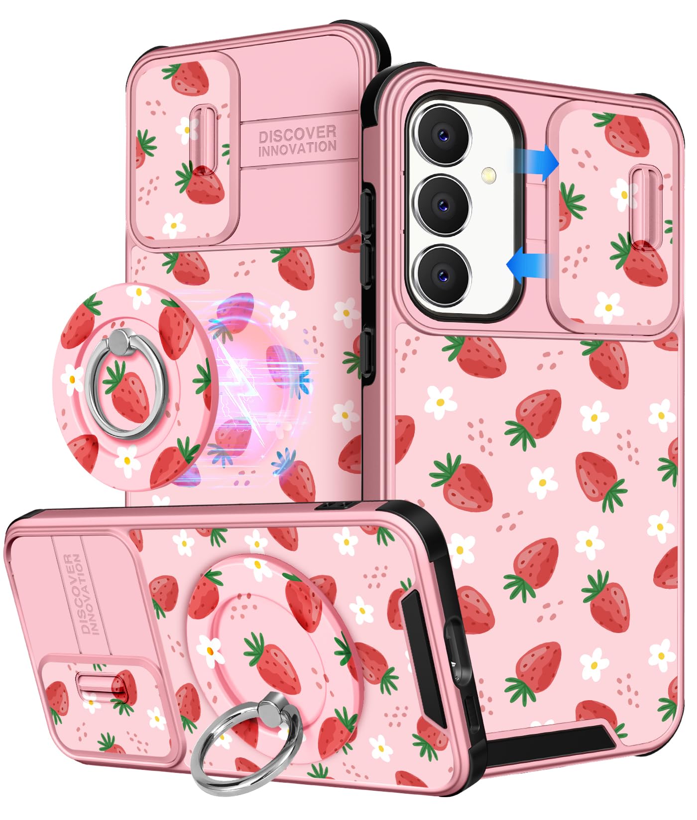 Buleens for Samsung Galaxy S23 FE Case 6.4 Inch - with Ring Stand & Camera Cover Cute Designed Women Girls Girly Pretty Strawberry for Samsung S23 FE Case Compatible with Magsafe