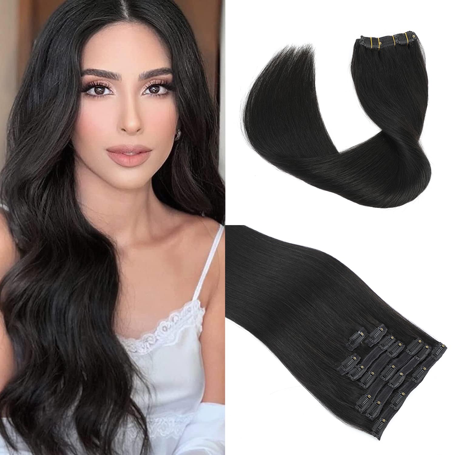 YDM 16'' Double Weft Clip in Hair Extensions Real Human Hair Full Head 8 Pieces 100g Silky Straight -100% Real Remy Human Hair Lace Weft Clip in Human Hair Extensions (16 Inch 100g, 1B Natural Black)