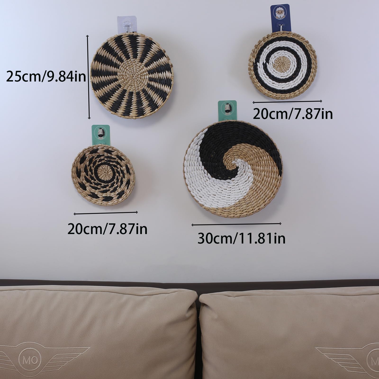 Cesto decorativo bohémien appeso a parete, cesto da parete in paglia fatto a mano, set di decorazioni per la casa da appendere a parete rotondo, vassoio per la decorazione della parete di sfondo (R)