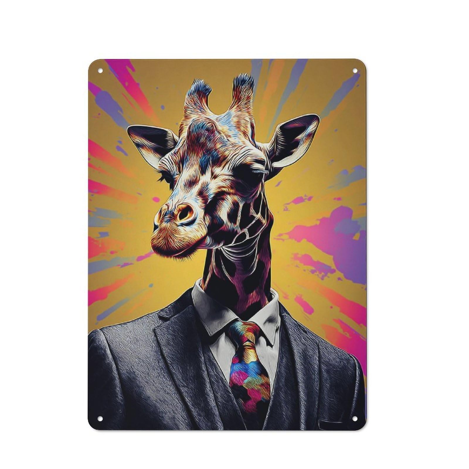 Junmoney Giraffe In Suit With Abstract Background Rustic Metal Plaque 40X30cm For Studio Or Craft Room, Housewarming Present For People Styling Studio And Craft Room