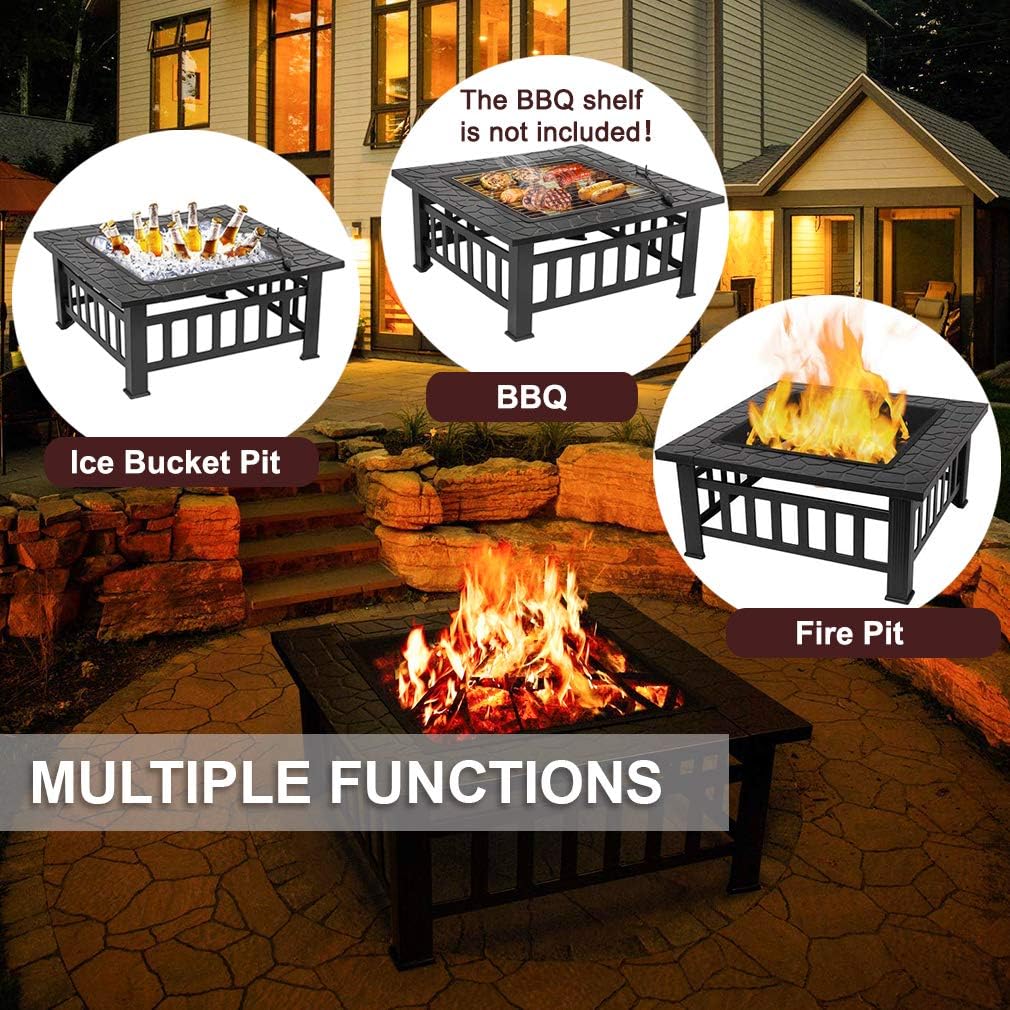 Vnewone 32'' Outdoor Fire Pit Metal Square Firepit Patio Stove Wood Burning for Backyard Garden Camping Picnic Bonfire with Spark Screen Cover, Log Grate, Poker,32" L32 W 14”, Black