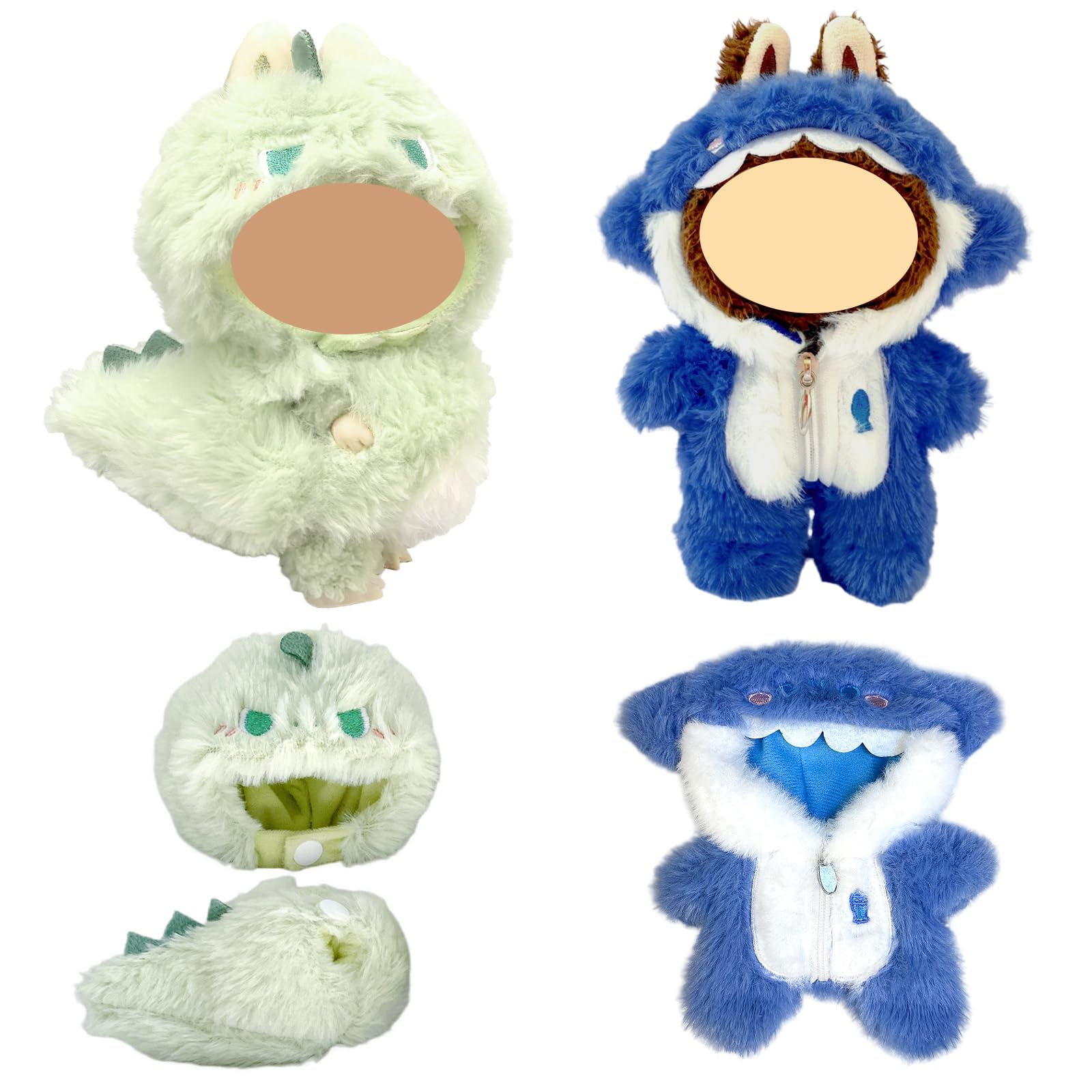 MUNKST 17cm Doll Clothes Set, 2 Pcs Lububu Doll Outfit with Shark & Dinosaur Furry Jumpsuits, Plush Doll Accessories