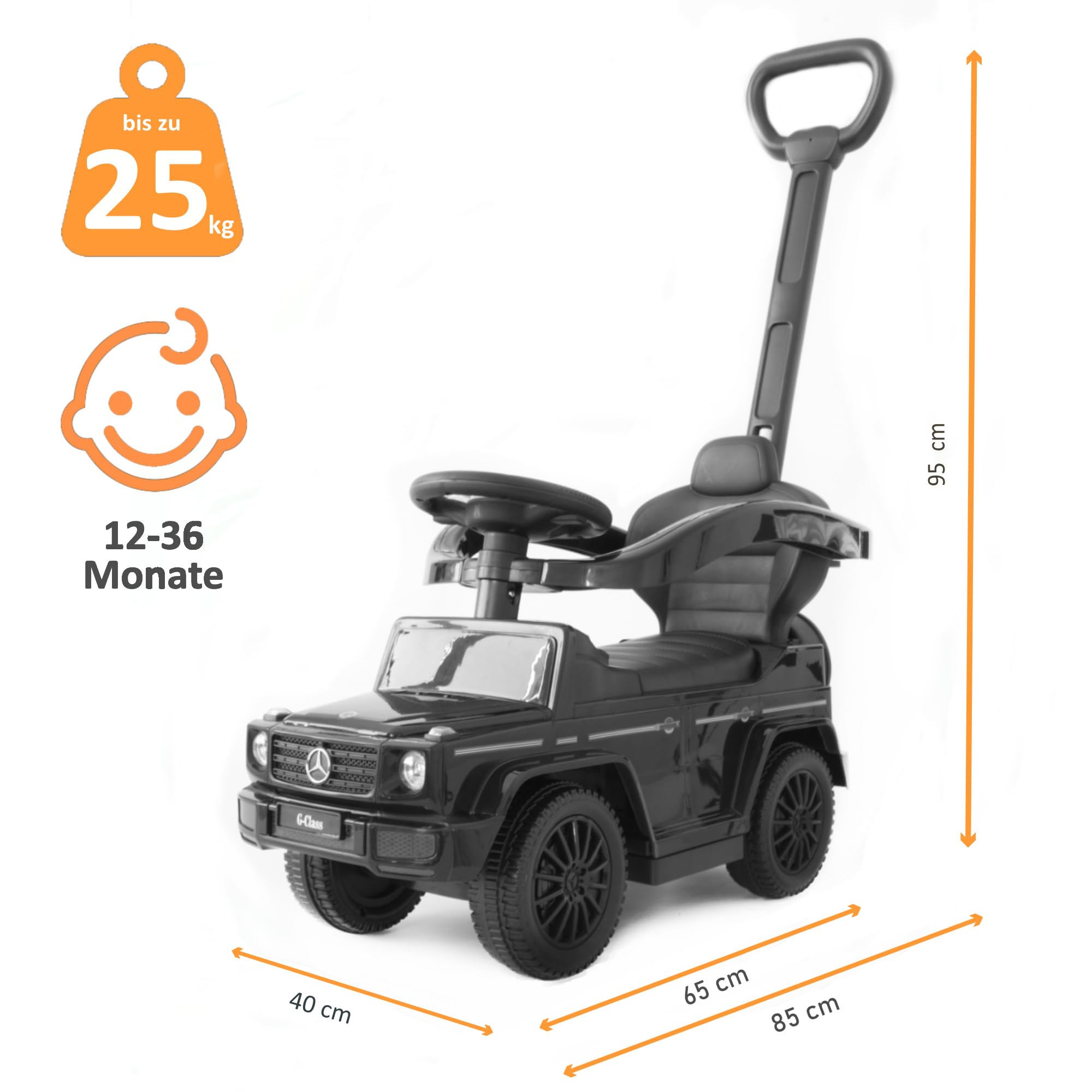 Lemodo Rutschauto mit Schiebestange ab 1 Jahr, Mercedes G350d Rutscherauto mit Sicherheitsbügel, Fußablage, Kippschutz, Sound-Lenkrad & Stauraum, Kinderfahrzeug für drinnen und draußen bis 25 kg