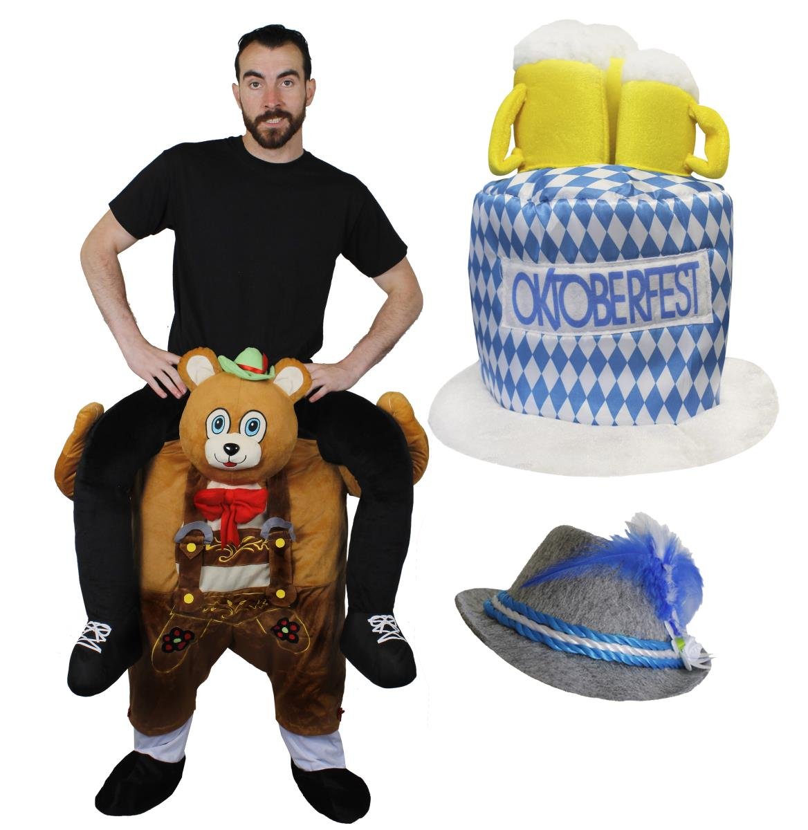 Bavarian Bear Costume - Oktoberfest Pick Me Up & Beer Hat with 3 Stein Beer Glasses - Ride On Bavarian Costume - Adults - Fancy Dress