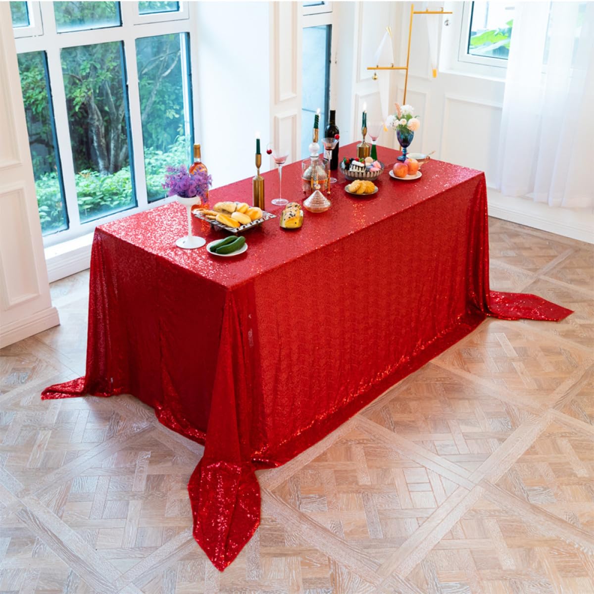 LALAFINA Mantel de Lentejuelas Rojo para Boda y Fiesta, Decoración de Mesa Elegante de Poliéster, Lavable Eventos y Banquetes