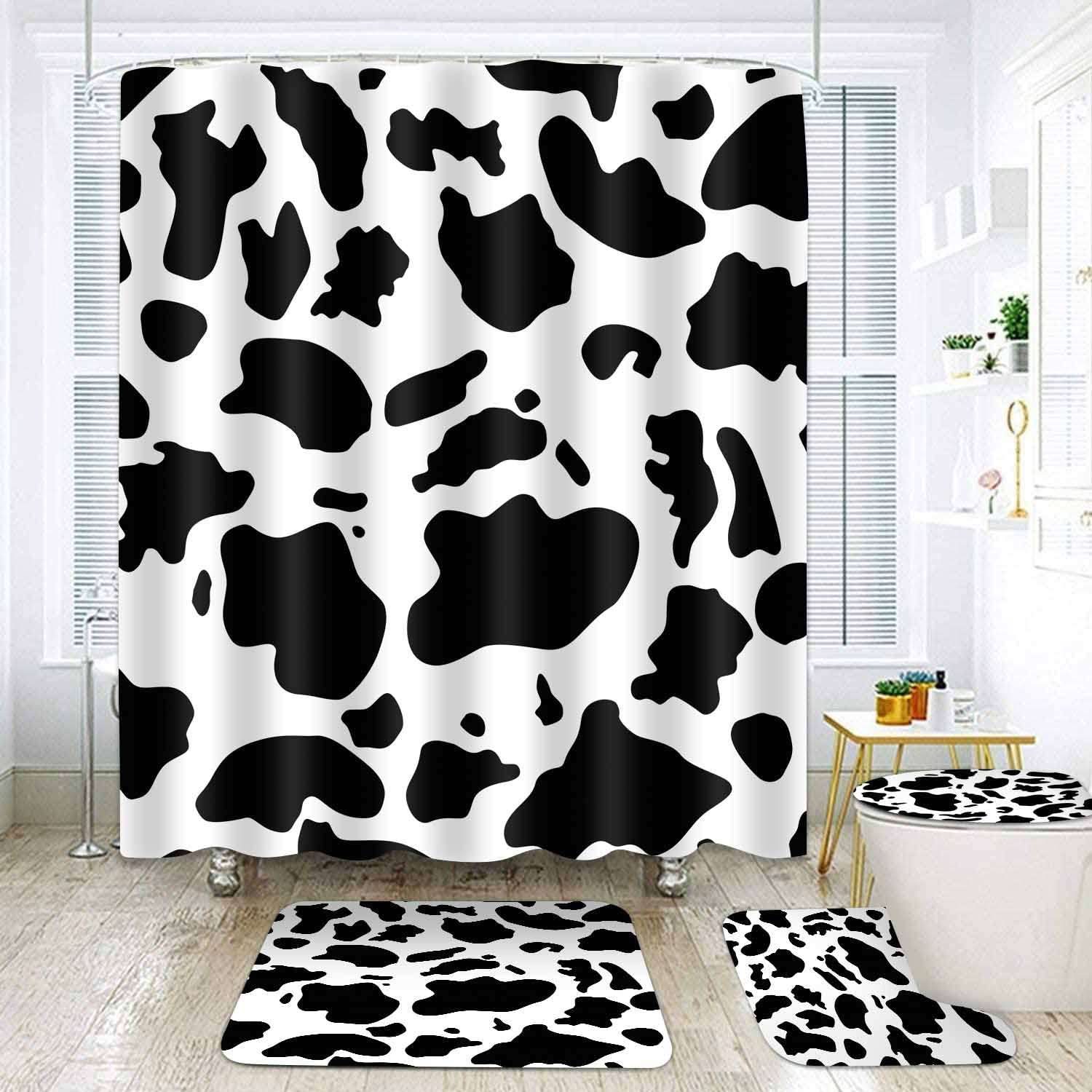 LUCKBTY 4pcs Cow Print Shower Curtain Sets with Rugs Accessories, Black and White Pattern Animal Print Bath Curtains Sets with 12 Hooks 71x72 in