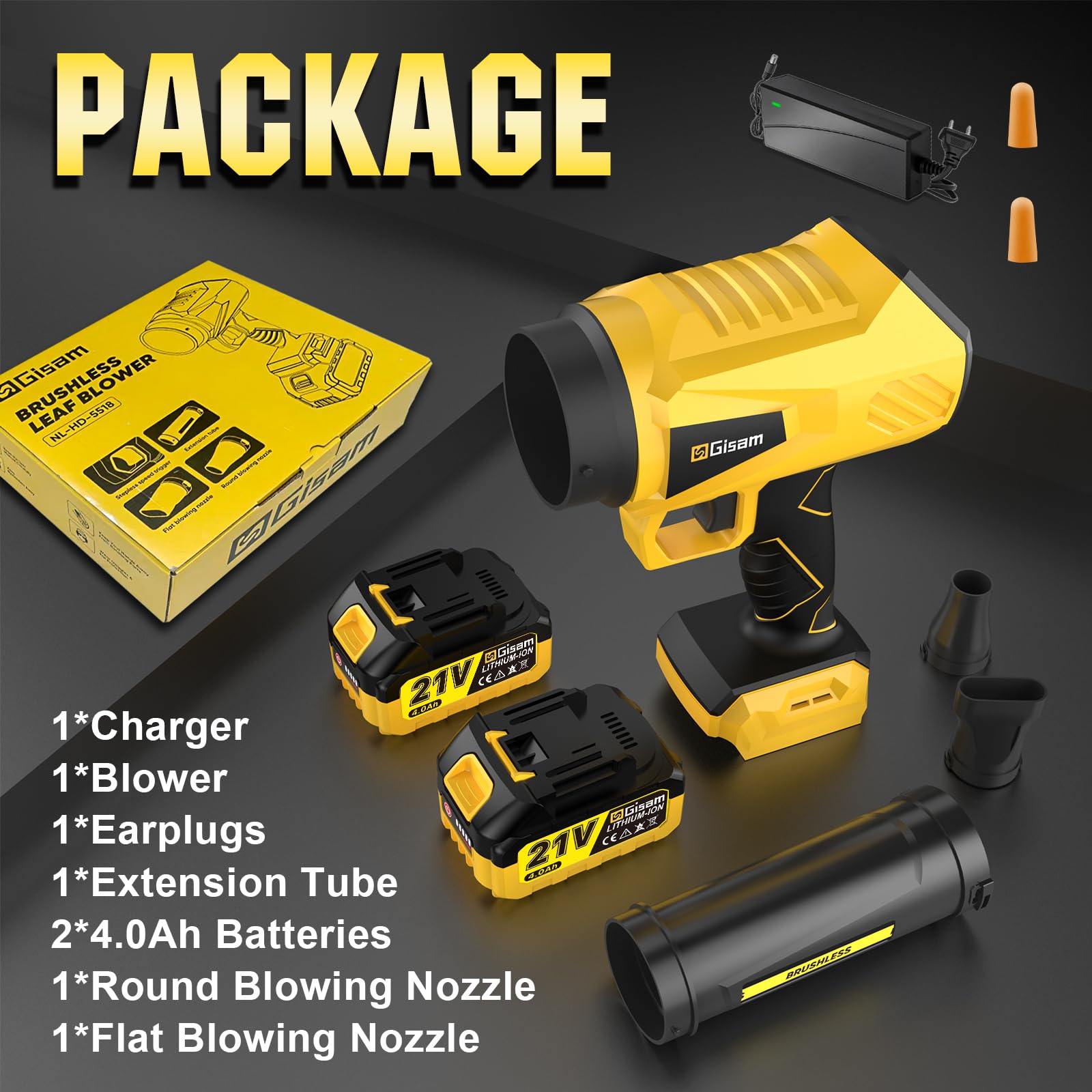 Soffiatore a batteria da 21 V, ventilatore a batteria con 2 batterie da 4000 mAh e caricabatterie, velocità a 3 velocità e 3 ugelli di soffiaggio, 170000 RPM soffiatore con batteria e caricatore