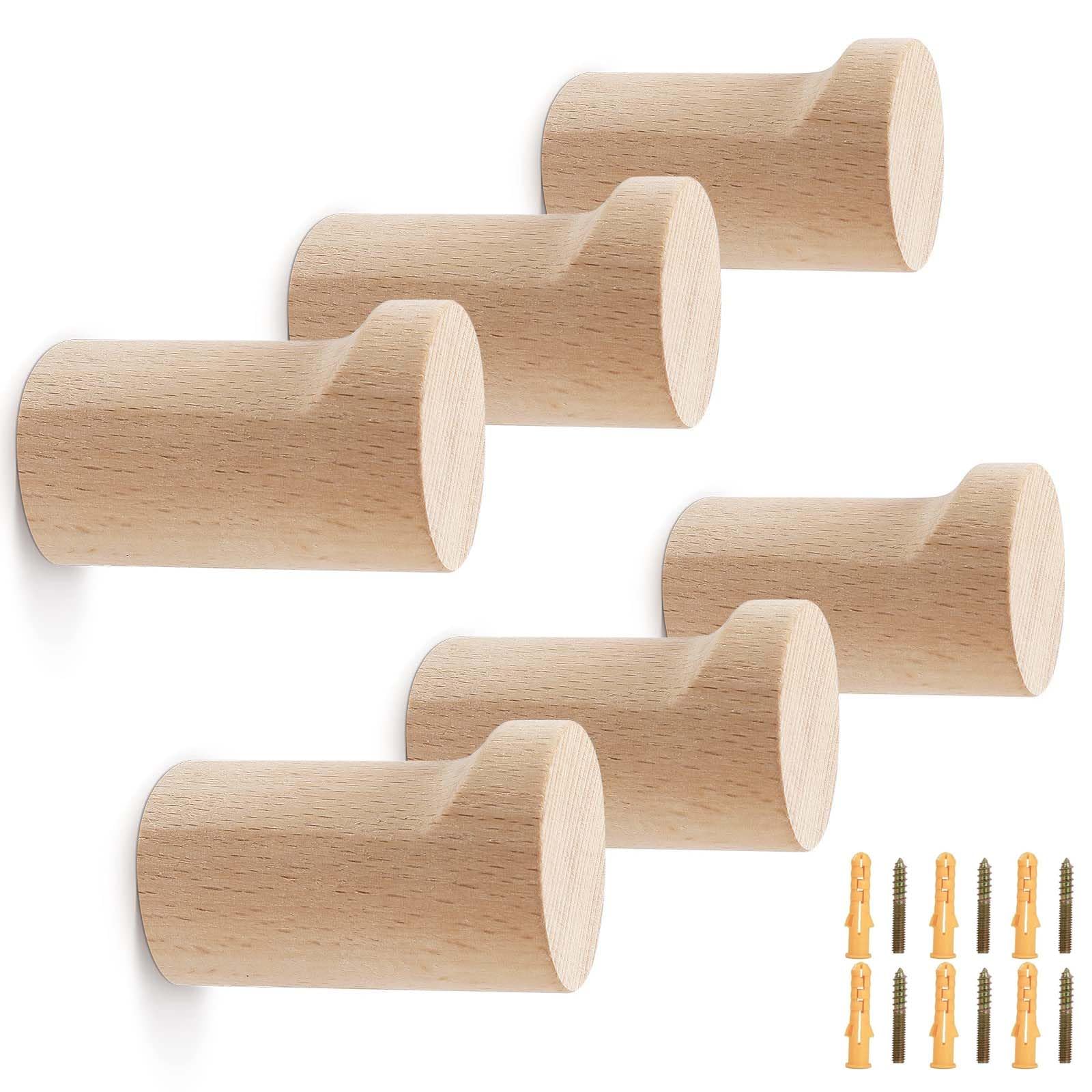 KEXYOAN 6 Pack Natural Wooden Coat Hook Wall Mount Beech Wood Decorative for Hats Bags Backpacks Wallets(Beech,5 * 3.5cm)