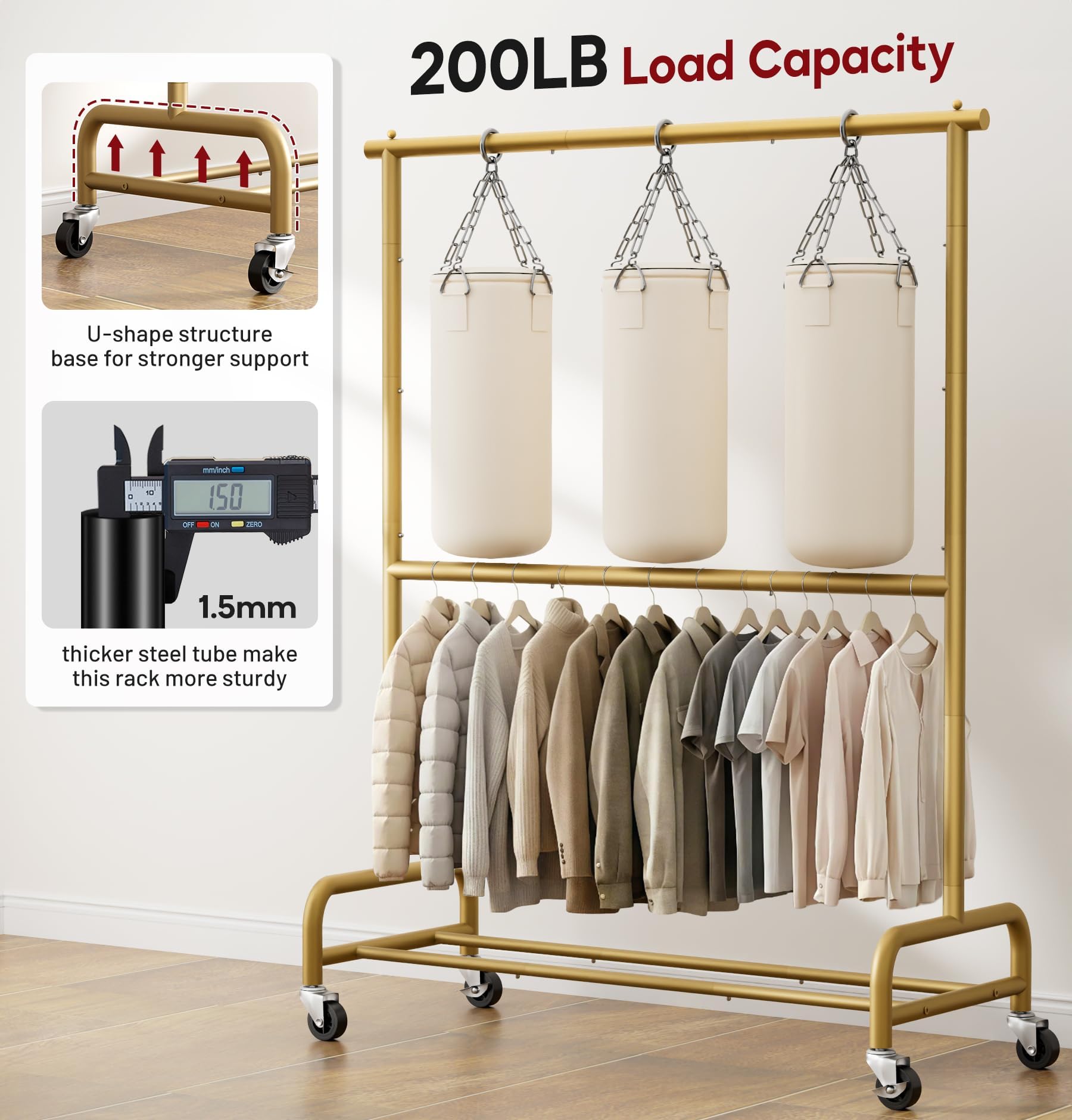 SLEEPING LAMB Double Rod Heavy Duty Clothes Racks for Hanging Clothes Rack, Metal Rolling Garment Rack With Wheels Clothes Hanger Rack Wardrobe Rack for Coats, Shirts (Gold)