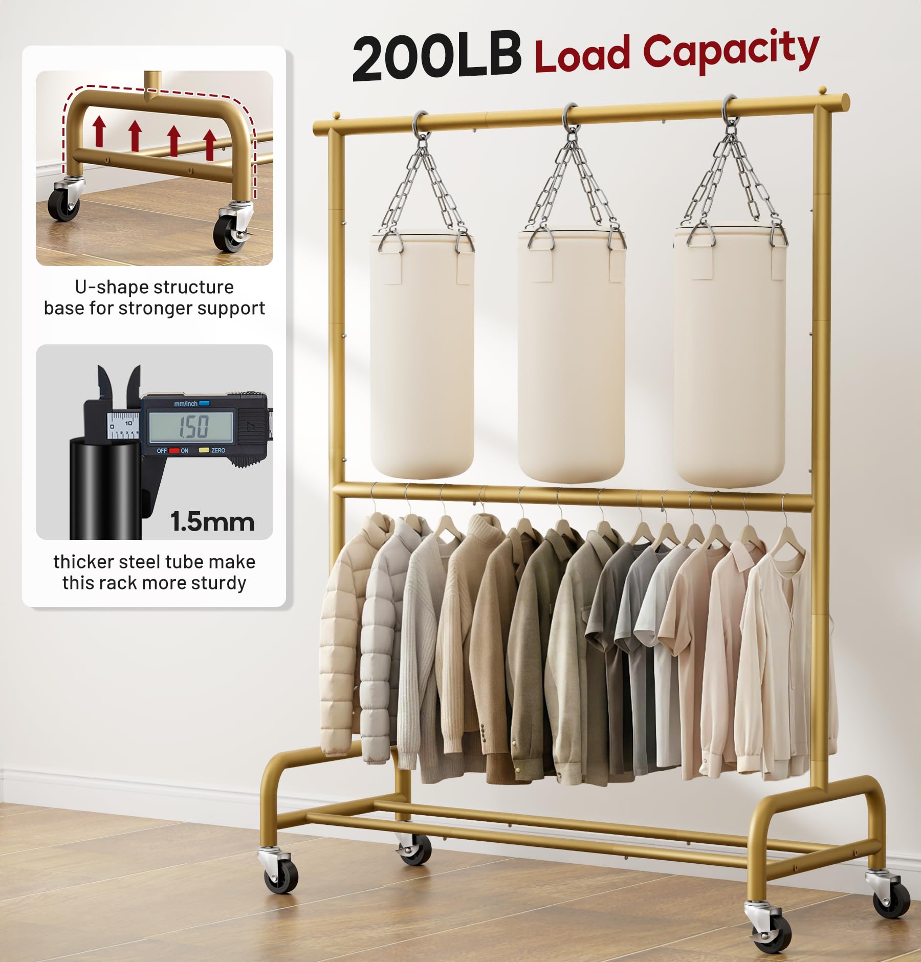 SLEEPING LAMB Double Rod Heavy Duty Clothes Racks for Hanging Clothes Rack, Metal Rolling Garment Rack With Wheels Clothes Hanger Rack Wardrobe Rack for Coats, Shirts (Gold)