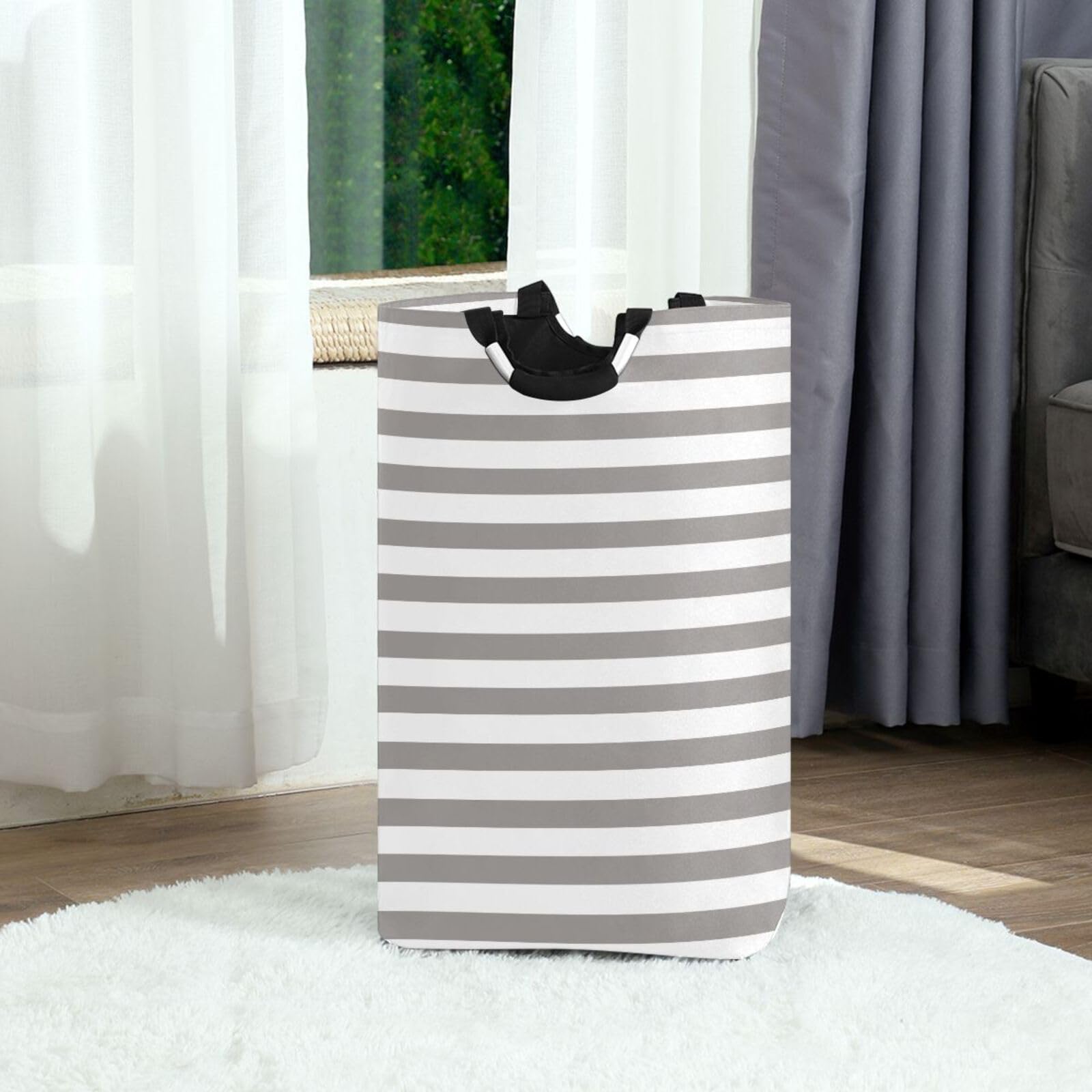 Jihqo Laundry Hamper Basket Grey White Stripes Collapsible Nursery Storage Bin Waterproof Clothing Baskets for Home Bedroom Bathroom Washing Room