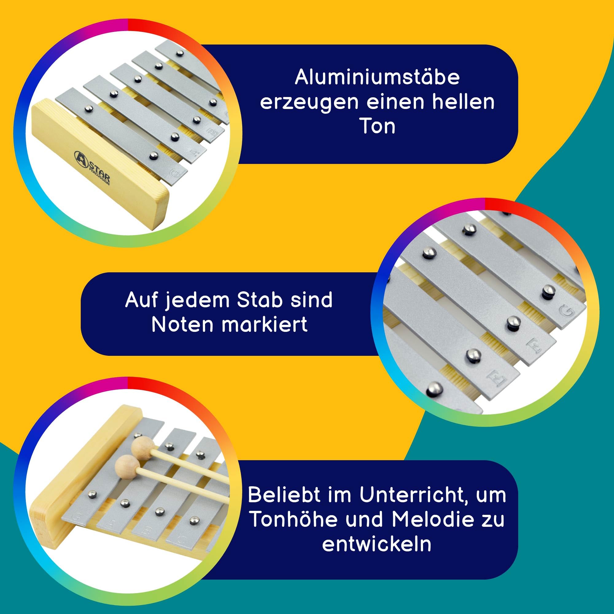 A-Star 13-Noten-Sopran-Glockenspiel-Xylophon mit silbernen Tasten und zwei Holzschlägeln – diatonisch, 2 Oktaven G5 bis E6