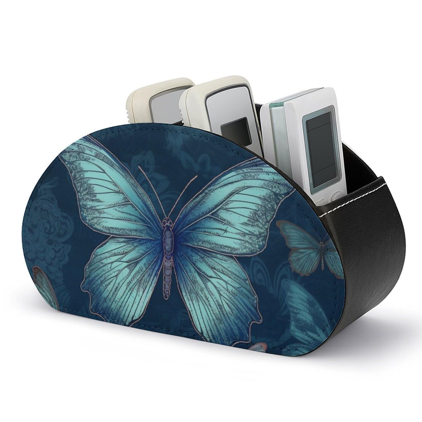 Blue Butterfly Pattern Remote Control Holder with 5 Compartment Organizer Box, Leather TV Remote Holder Organizer Caddy for Table, PU Leather Remote Box for Nightstand Office Desk Storage Box