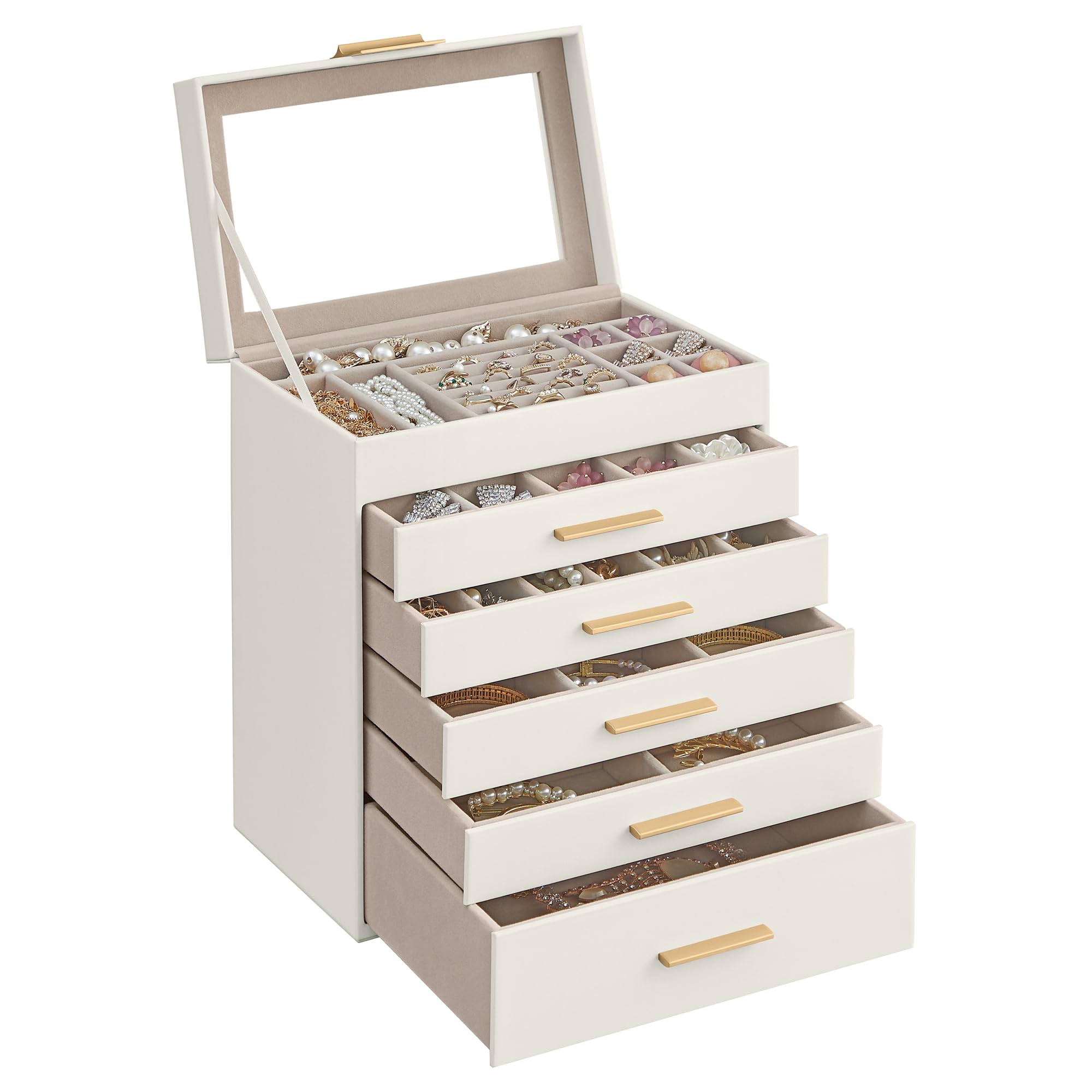 SONGMICS GISELLA Collection - Jewellery Box with Glass Lid, 6-Layer Jewellery Storage Organiser with 5 Drawers, Modern, Gift Idea, Cloud White and Gold Colour, 16.3 x 25.1 x 29 cm JBC171W01