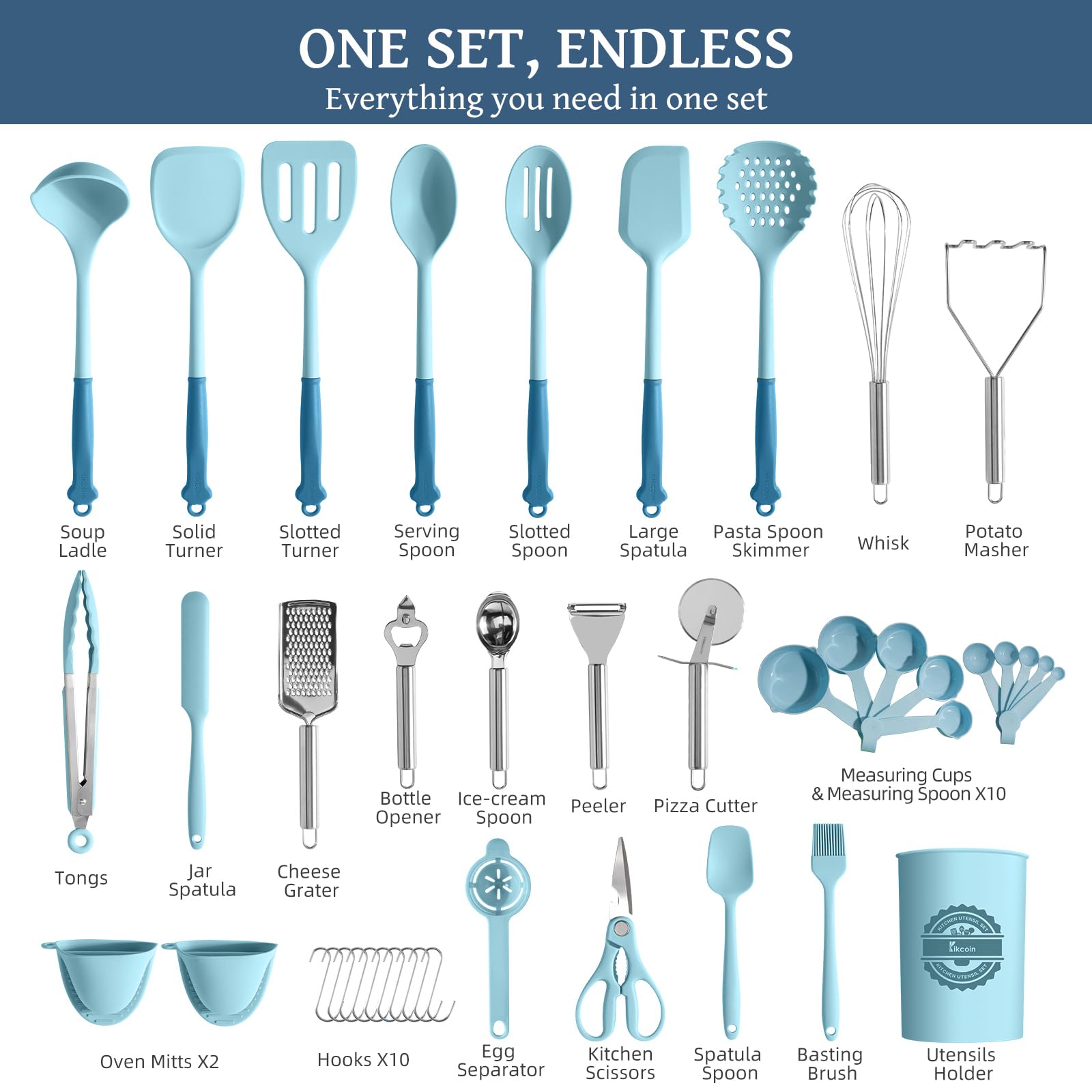 Kikcoin Set di 43 utensili da cucina, set di utensili da cucina in silicone, lavabili in lavastoviglie, set di spatole antiaderenti, resistenti al calore fino a 230 °C, con supporto, senza BPA, blu