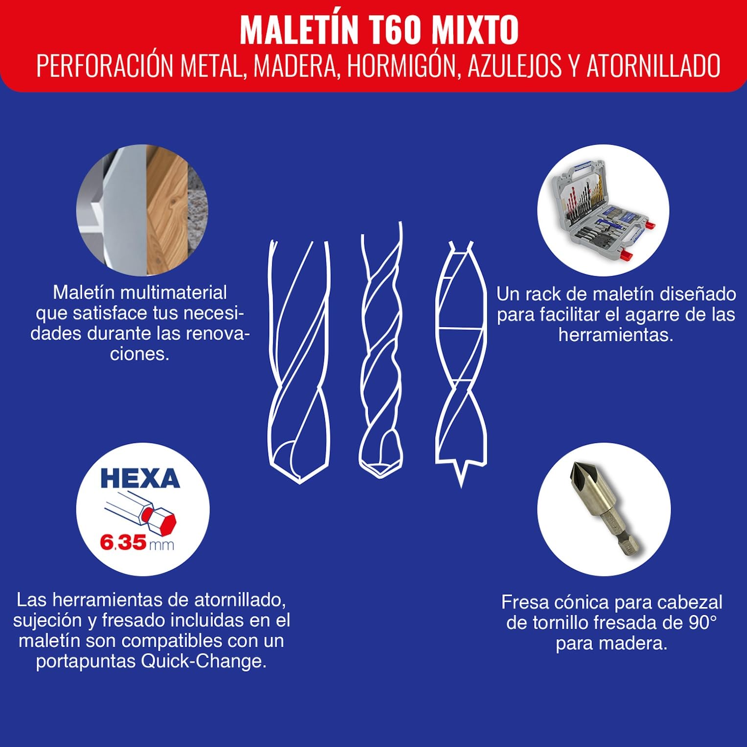 TIVOLY - Caja de Brocas + Puntas - Para Perforación y Atornillado - Maletín de 60 Piezas: 8 Brocas de Metal, 7 Brocas de Madera, 4 Mechas de Madera, 4 Brocas de Hormigón, 1 Portapuntas + 30 Puntas