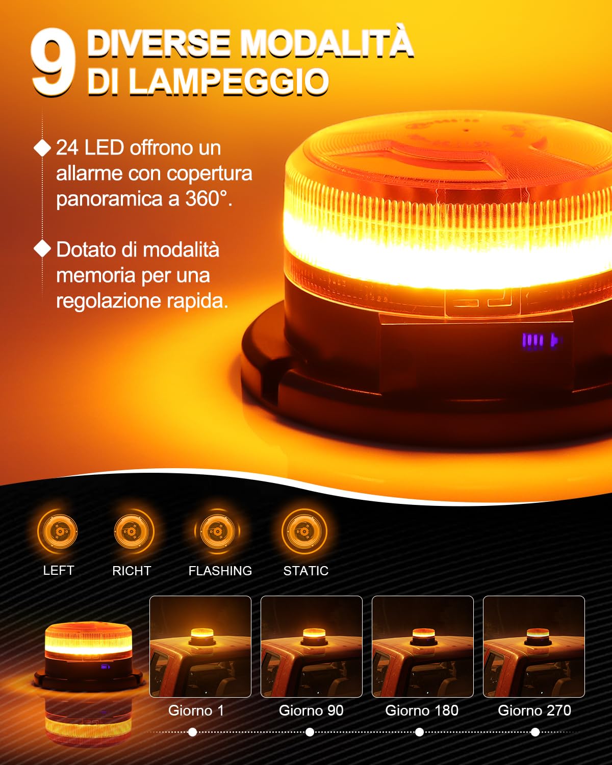 Dinfu lampeggiante arancione a batteria Display di carica lampeggiante led senza fili 12V Faro rotante a LED con magnetico, Cavo USB e accendisigari e 9 modalità per auto trattore UTV SUV J-eep