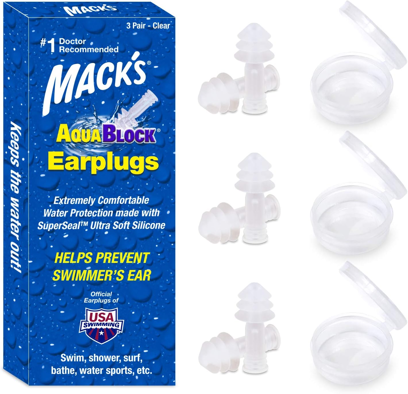 Mack's AquaBlock Swimming Earplugs, 3 Pair Comfortable