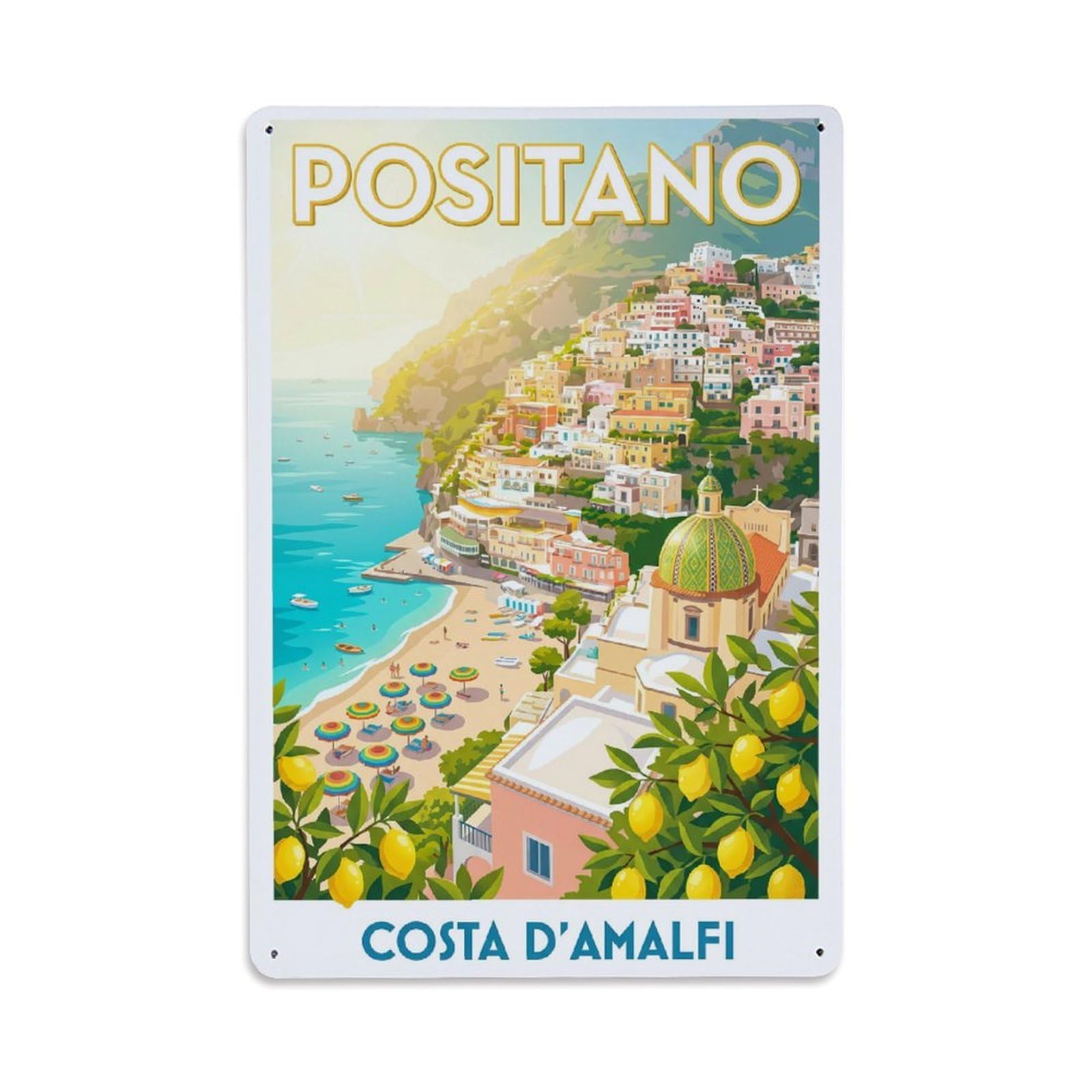 Vintage Travel Positano Italy Radiant Metal Tin Sign Plaque Wall Decor for Cafe, Club Bar, Office, Garden Metal Poster 8x12Inch