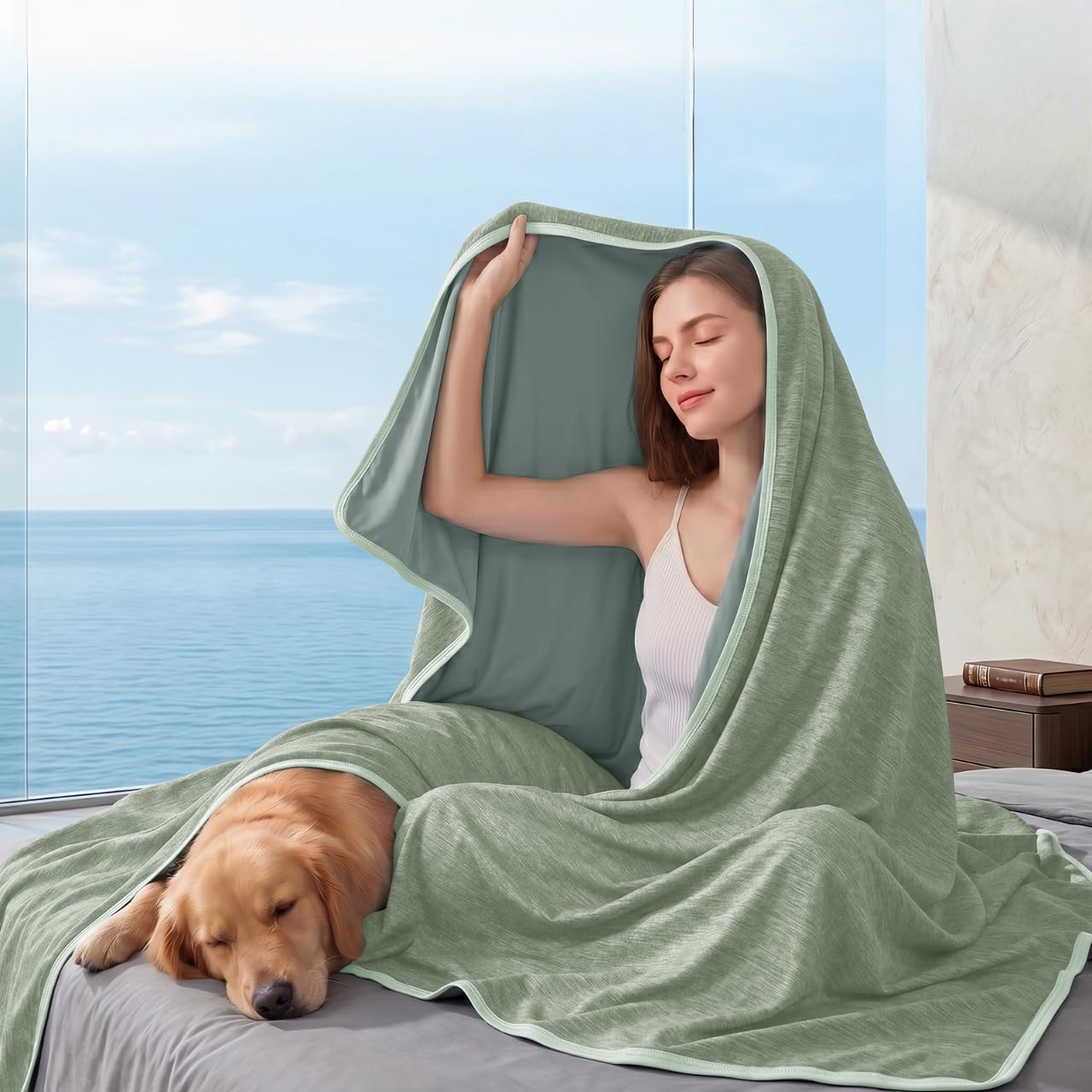 L'AGRATY Kühldecke (230x270 cm) – Schweißabsorbierend, Wärmeregulierend für Erwachsene an warmen Nächten, Q-Max 0.5 für Hitzköpfe, ultraleichte Kühldecke,grün