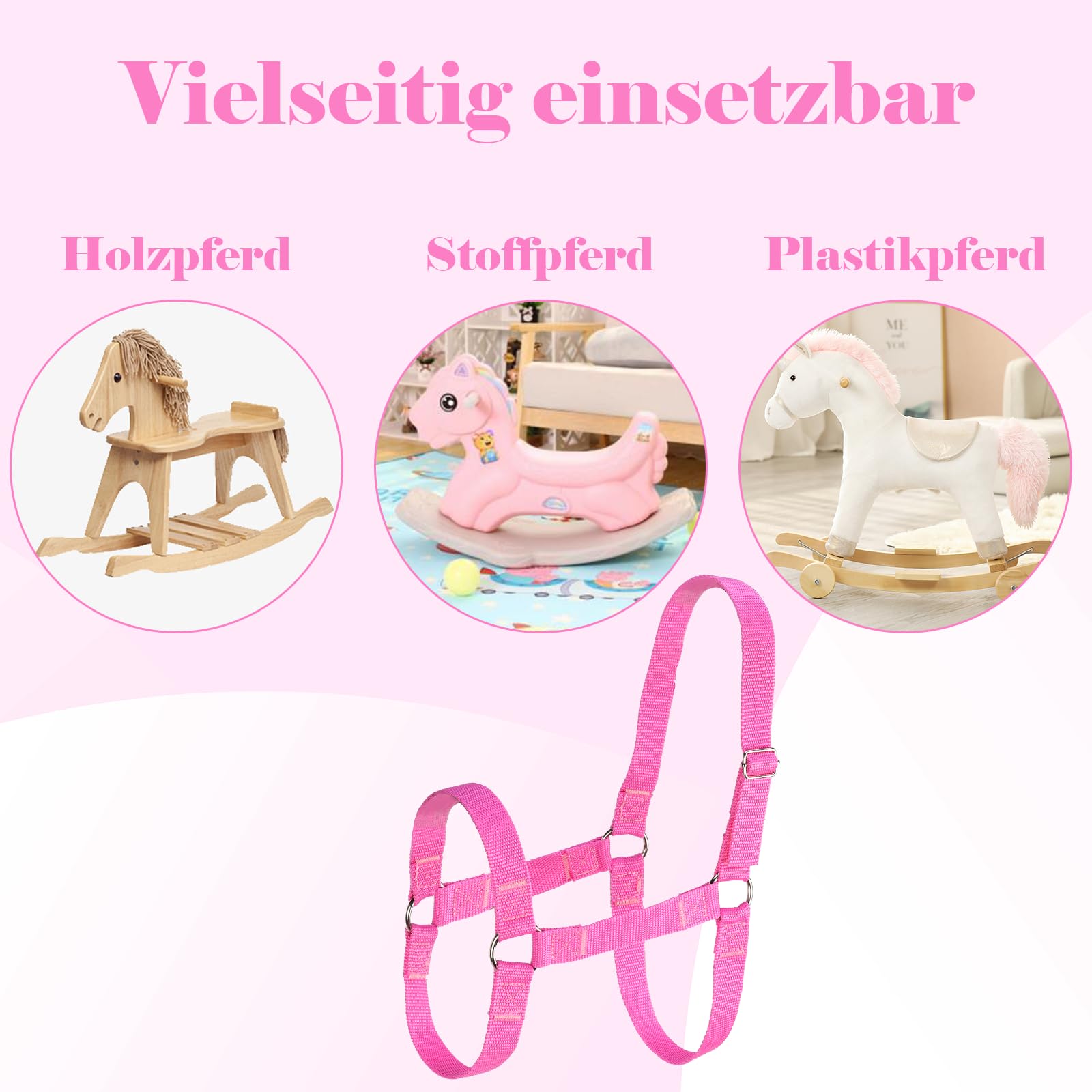 Holzpferd Zubehör Trense Trensenzaum Trense Pink Gebisslose Trense Holzpferd Halfter mit Verstellbar Genickstück Trense Mini Shetty Halfter Halfter für Gartenpferd für Holzpferd Spielzeugpferde (Groß)