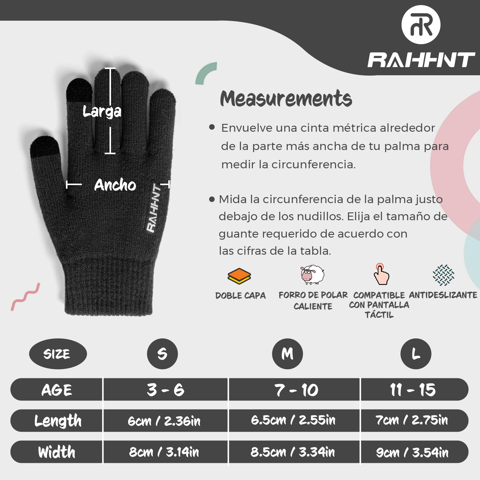 Rahhint Guantes Lana Invierno Termicos para Niños y Niñas 4-15 Años con Punto Pequeños Forro Polar Aislado