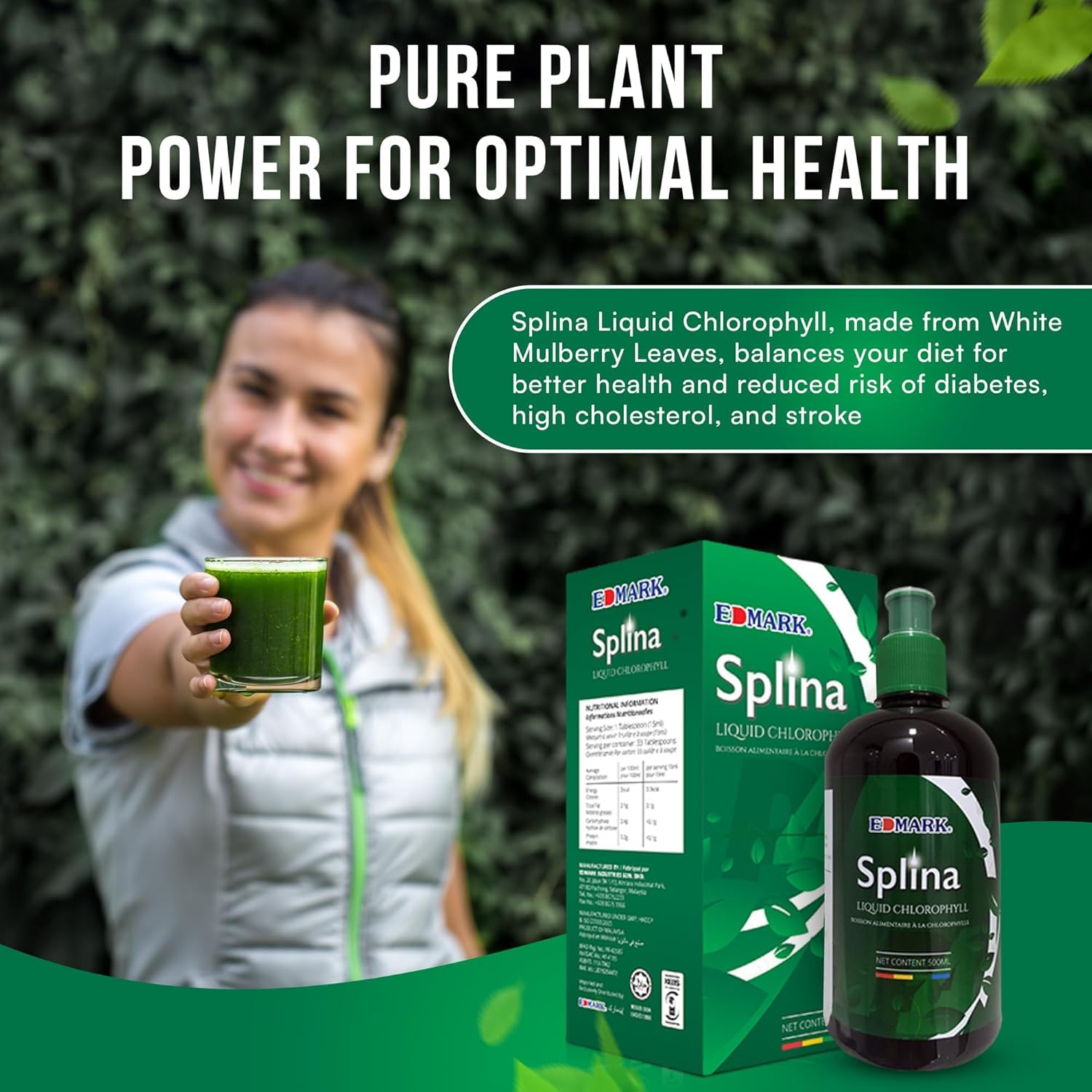 EDMARK Splina Chlorophylle liquide 500 ml – Équilibrant, nettoyant, nourrissant, rajeunissant – Vert