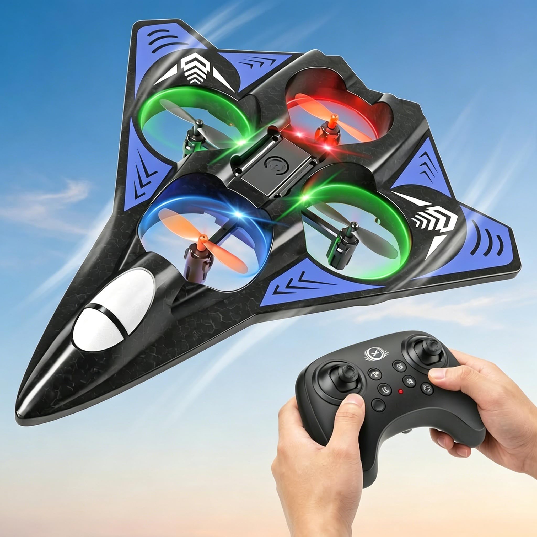 Doloowee RC Flugzeug Drohne für Kinder, RC Schaumstoff-Flugzeug mit Bunter LED-Beleuchtung, 360° Flip, Höhenhaltung, 2.4GHz Ferngesteuertes Flugzeug für Anfänger mit 2 Akkus