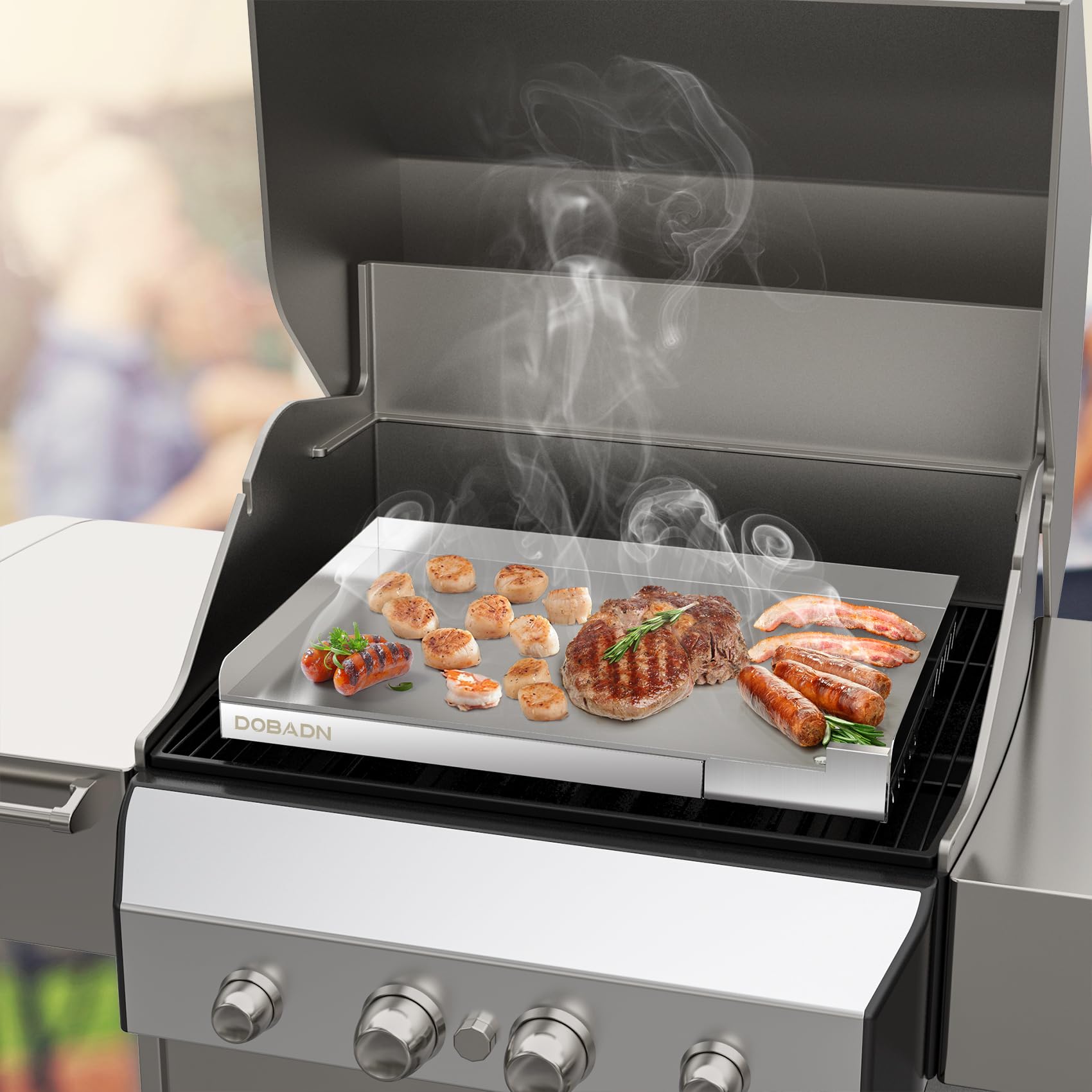 Universelle Edelstahl Grillplatte, 58.3 x 40.5 x 7 CM | Plancha mit Abflussloch und Herausnehmbarer Tropfschale für Die Meisten Gas- und Holzkohlegrills