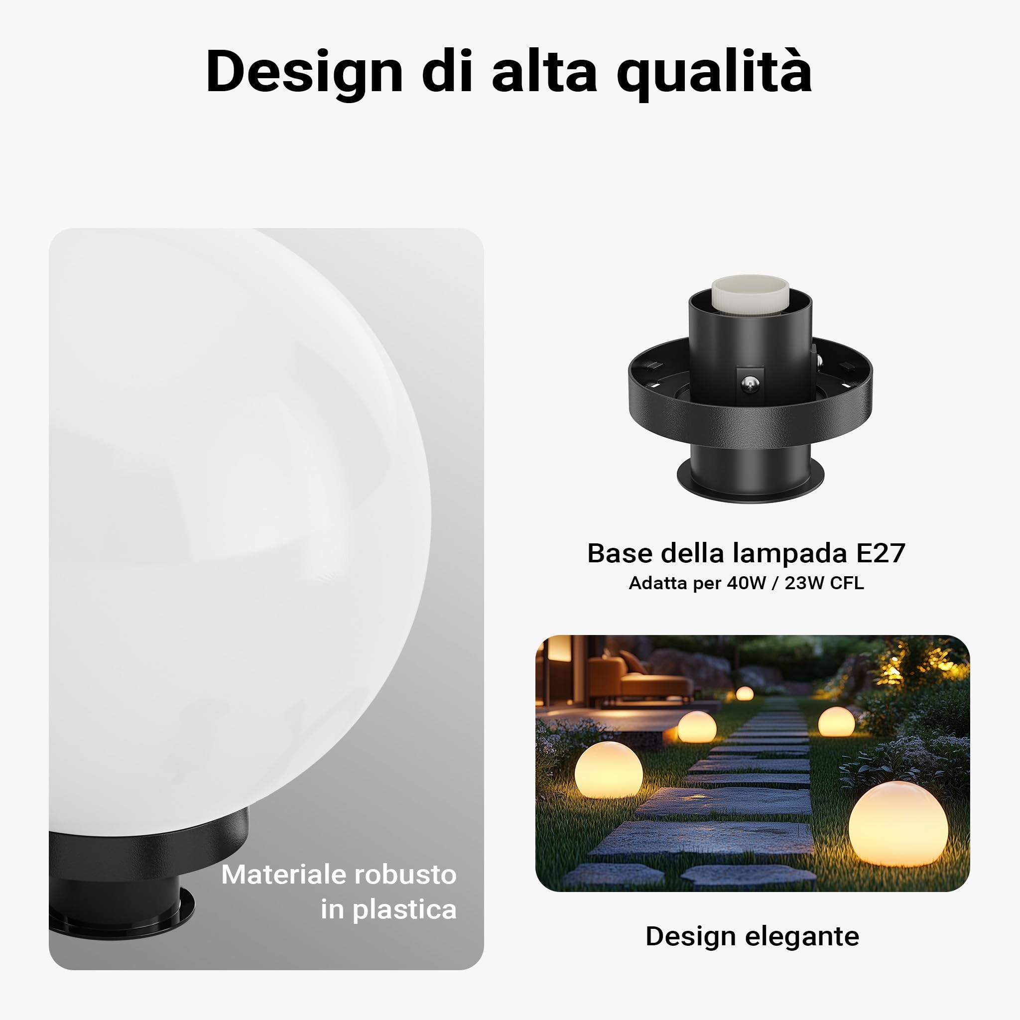 Wiltec Sfera luminosa per esterno Ø30 cm Lampada da giardino con picchetto IP44 40 W Attacco E-27