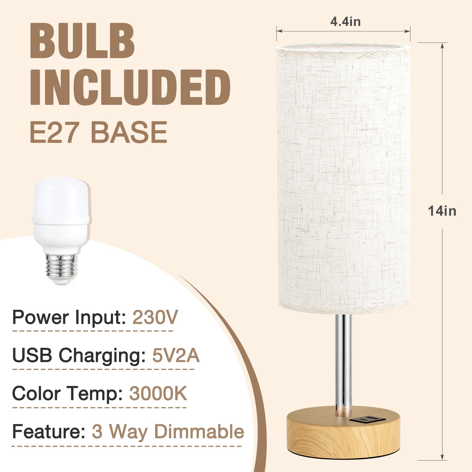 Aooshine Bedside Lamps, Table Lamp for Living Room Bedroom, Touch Lamps Bedside with USB A+C Charging Ports, Dimmable Small Lamp with Fabric Shade for Kids Room, Study, Dorm, Office(Bulb Included) — view 7