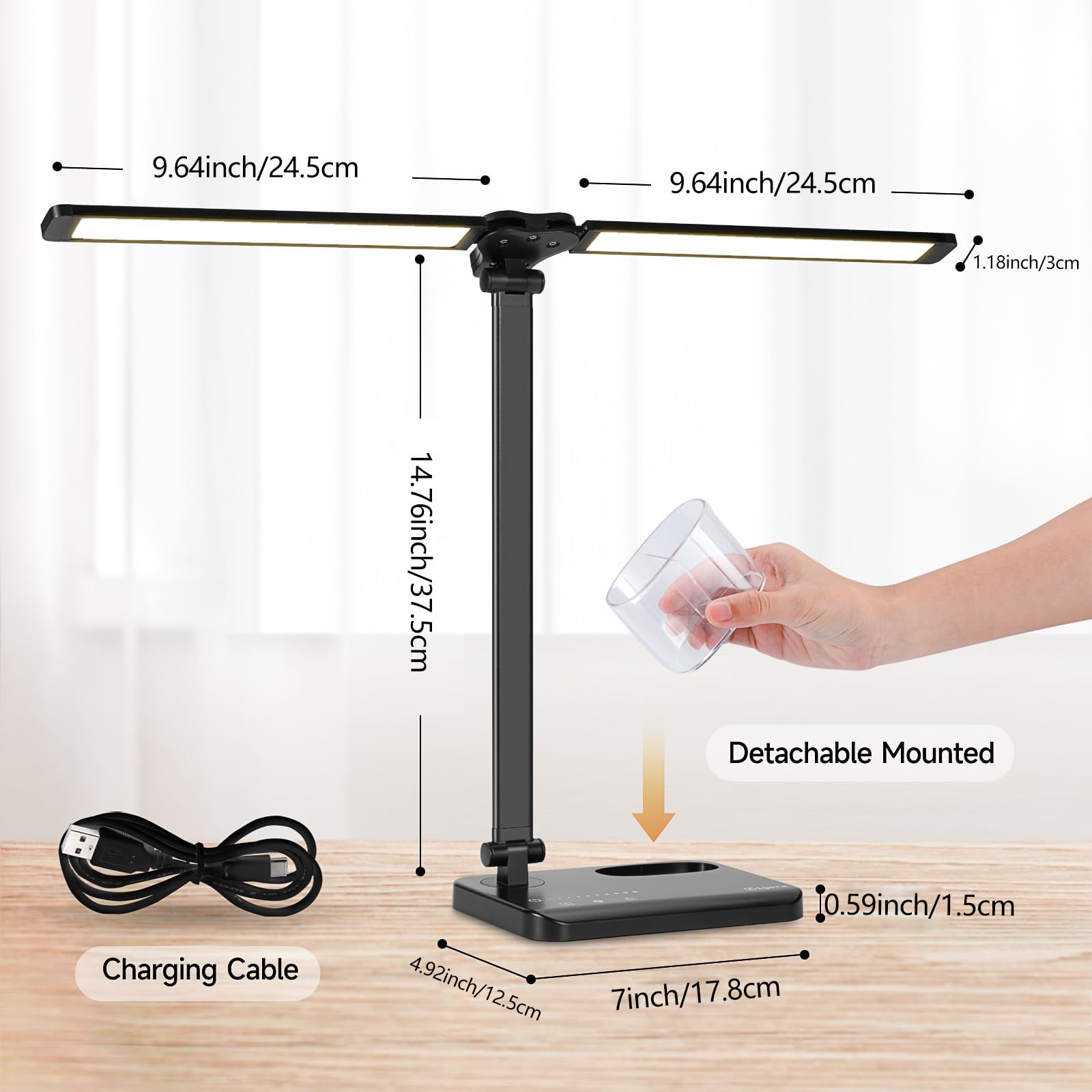 rigors Lampada da Scrivania Doppia Testa, 10 livelli di luminosità 5 modalità di illuminazione, Lampada da lavoro con porta di ricarica USB e Timer 45 minuti, Lampada da Tavolo per Ufficio, Monitor