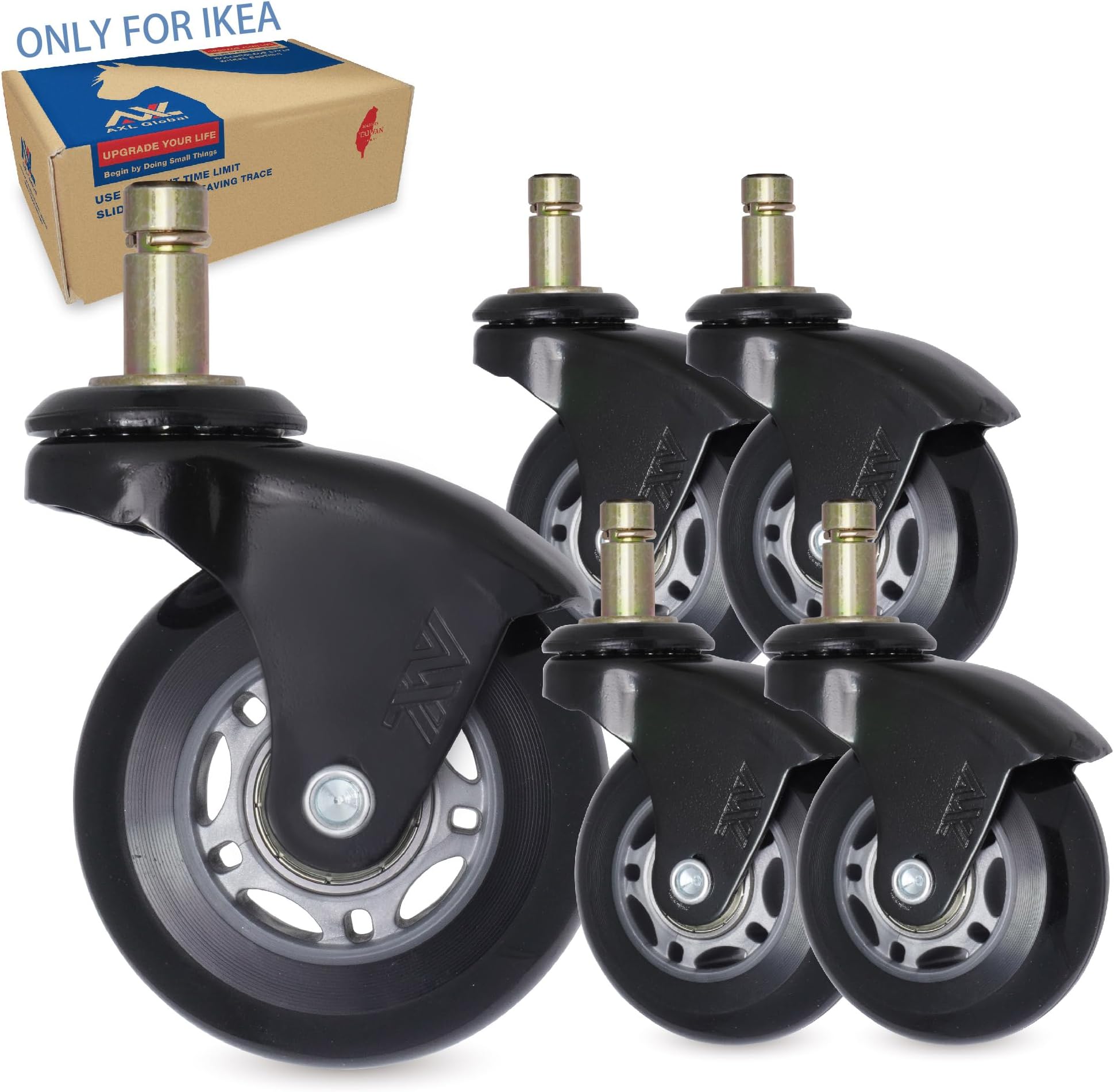 IKEA Chair Caster Wheels Replacement, 10mm Stem, 2.5 Inch Rollerblade Casters with Gap-Free Bracket for Safe Barefoot Rolling, Quiet & Floor-Safe, Pack of 5 (Black, Grey/Black)