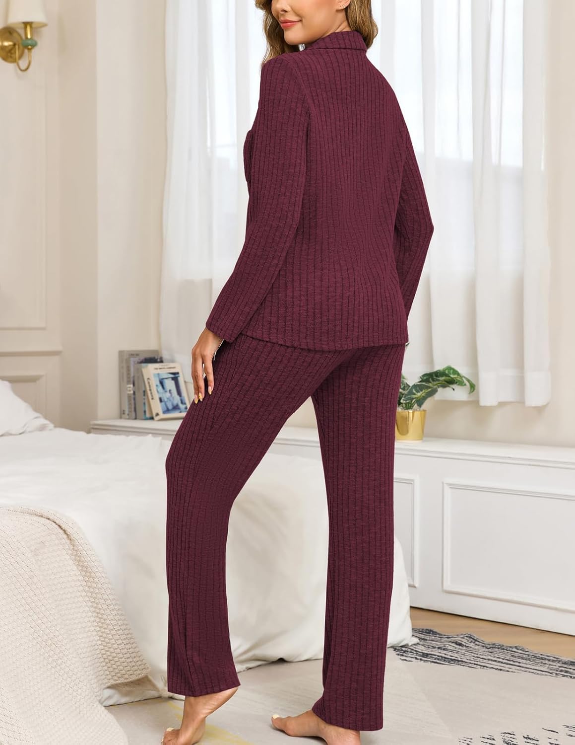 Veseacky Women Ribbed Knit Pajamas Set Lounge Set 2-Piece Warm Sleepwear Nightwear Soft Fleece Pjs Set S-XXL - Image 6