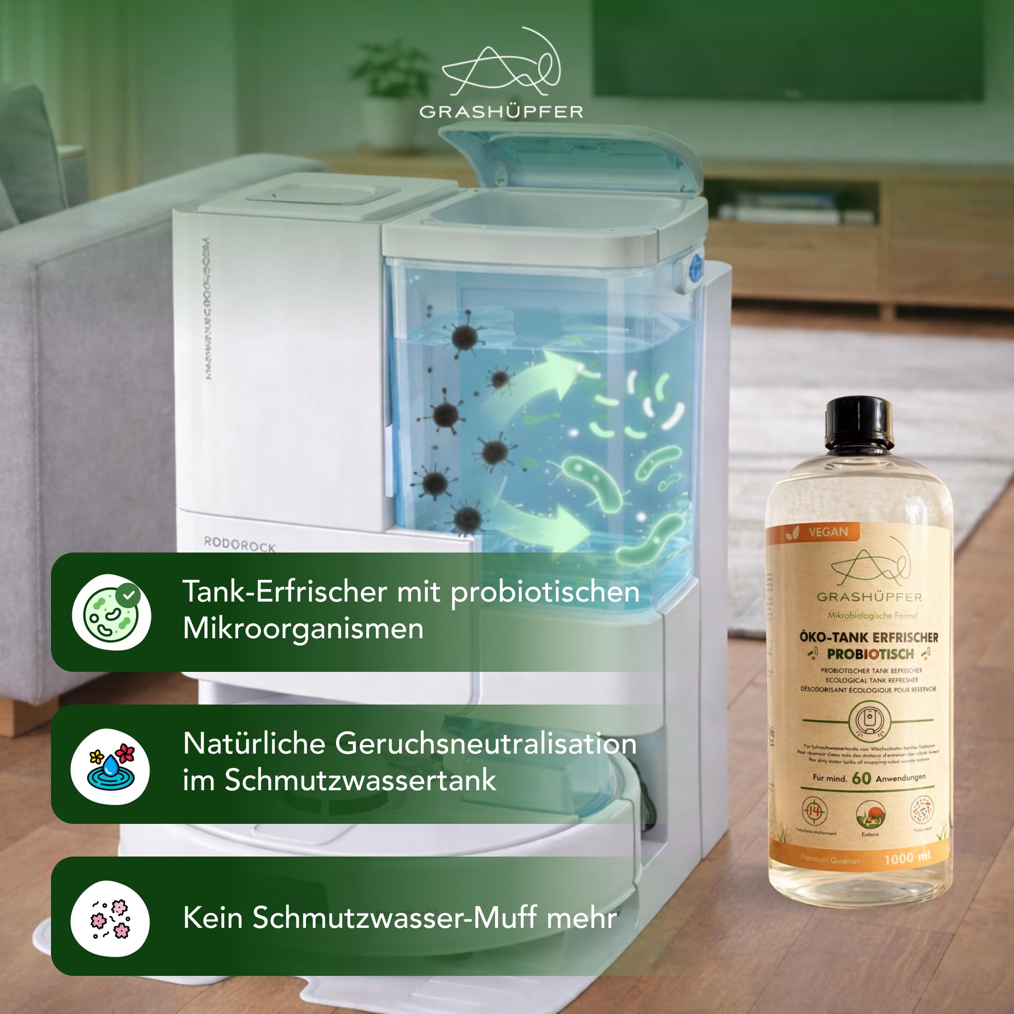 GRASHÜPFER® Deodorante ecologico per serbatoi di acqua sporca robot [probiotico] – Elimina gli odori di muffa nel serbatoio dell'acqua sporca biologicamente [profumo Toscana] – 1000 ml