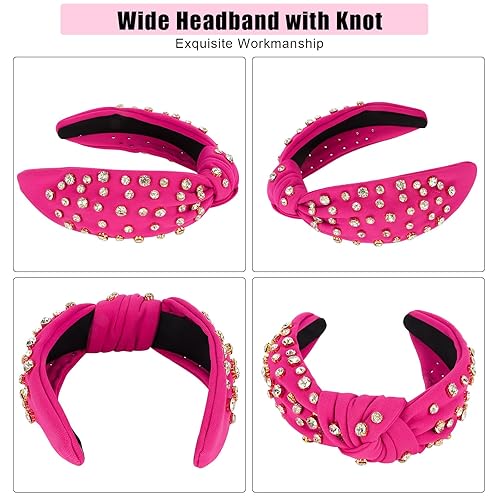 Miniatura 4 de Ondder Diadema de diamantes de imitación brillantes con nudos de color rosa intenso, para mujer, con nudo superior, con cuentas, diadema de moda