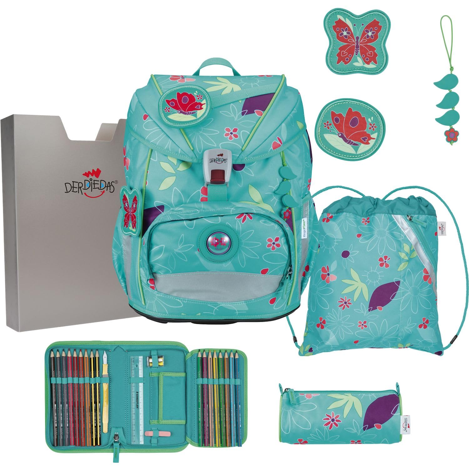 DerDieDas Schulranzen ErgoFlex Light Set 6-teilig Butterfly Garden türkis