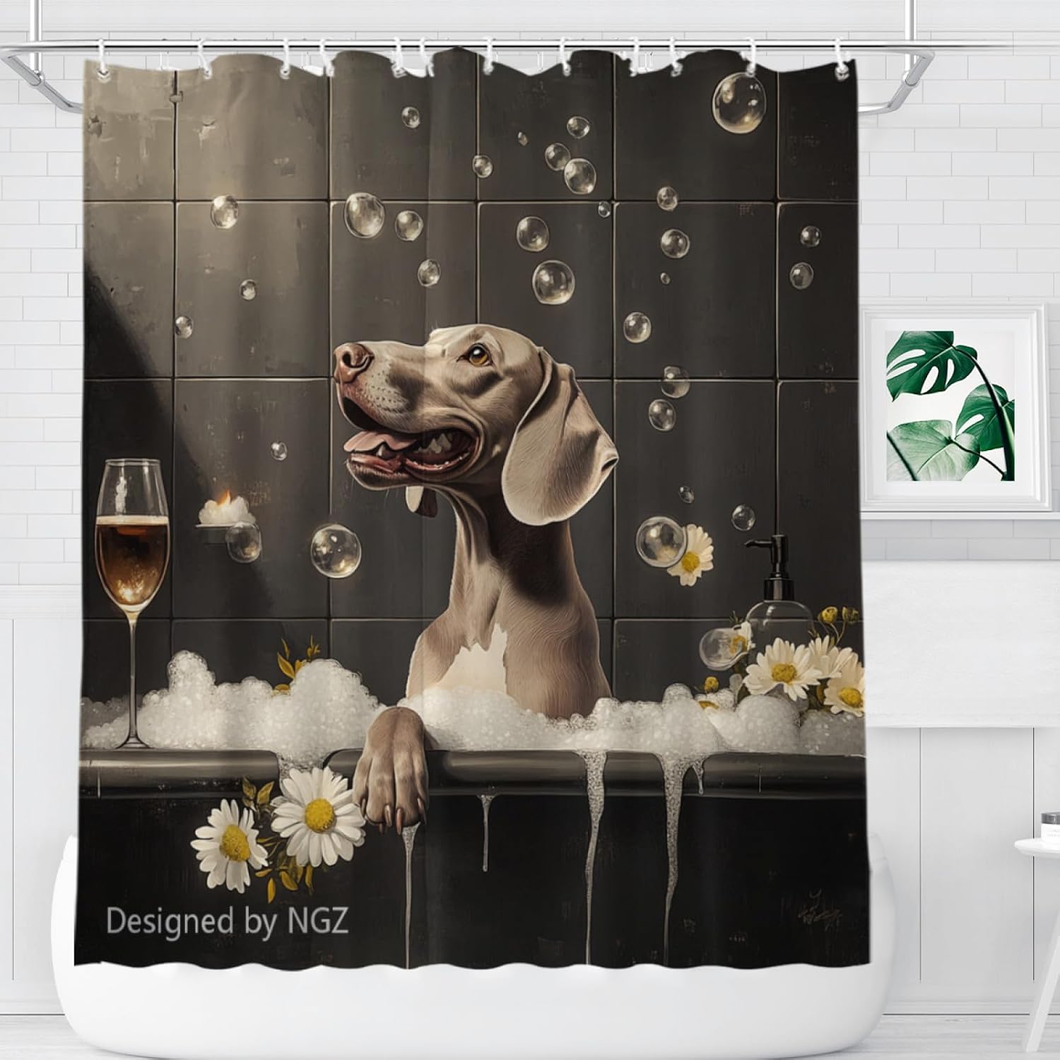 NGZ 72x72 Inche Black Fabric Shower Curtain, Cute Weimaraner with Flowers Shower Curtains for Bathroom, SPA Bubble Bath Covered Bath Curtains Set with Hooks