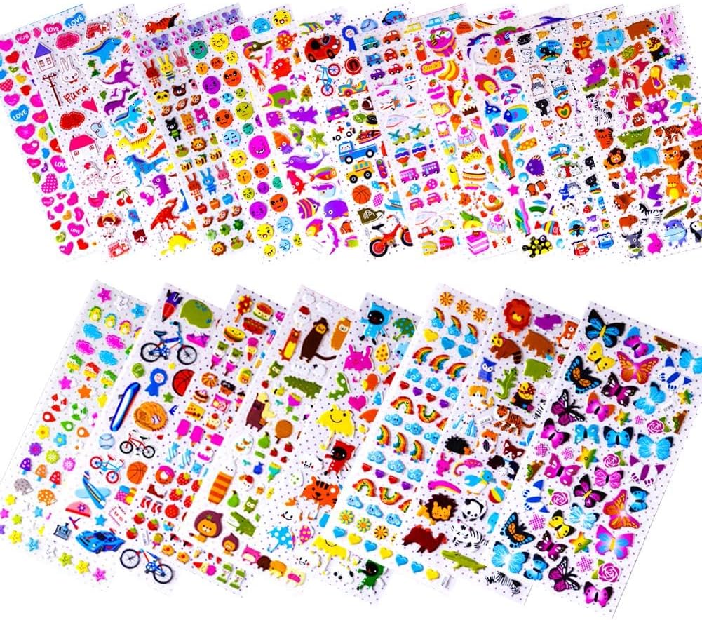 3D Stickers for Kids Craft Decoration DIY Variety Pack for Scrapbooking Journal Including Animal, Hearts, Rainbow, Fish, Dinosaurs, Cars etc. (20 Sheets)