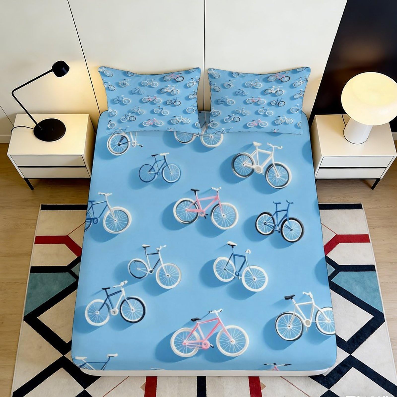Pnayamiorkfel Style-10 3D Printed Blue Bicycle Pattern Fitted Sheet Microfiber Soft Bed Sheet For Bedroom Guest Room Mattress Decor 90X200x25cm