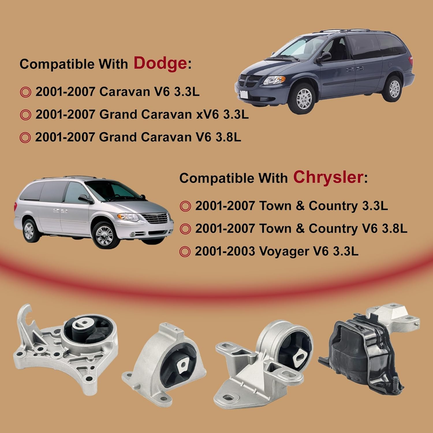 4PCS Engine Motor & Trans Mount Set Compatible with Chrysler Dodge Caravan, Grand Caravan, Chrysler Town & Country, Voyager 3.3L 3.8L 2WD 2001 2002 2003 2004 2005 2006 2007 for A2926 A2928 A2925 A2927